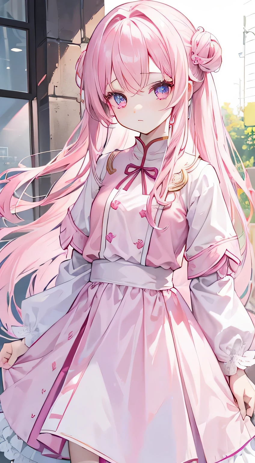 pale pink and white long hair,Pink purple gradient eyes, White and pink clothes,She is a very cute girl,Transfer Sister,It feels very light and gentle
