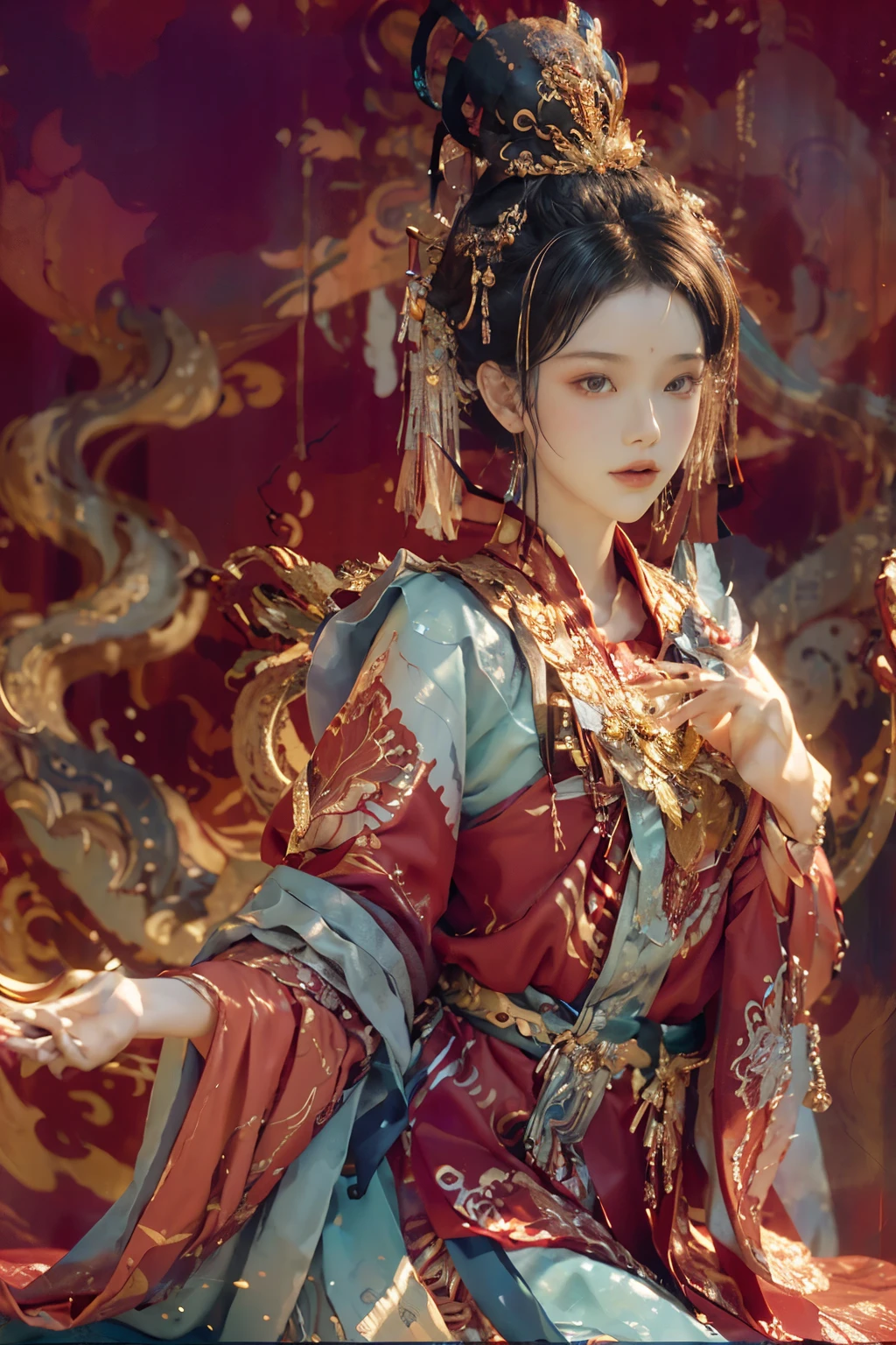 A beautiful and charming Chinese lady floats gracefully in a luxurious palace, enveloped by supple and lustrous red and golden silk fibers. The fibers ripple and bend in the abstract background, painted in the style of violet and blue hues. With a resolution of 32k UHD, this image showcases the appreciation for abstract minimalism. The Intel Core processor brings the fluid lines and curves to life in hyper-realistic detail. The light sky-blue and light bronze colors contrast against each other, creating a high-key lighting effect. Captured with the Abstraction-creation Kodak Elite Chrome Extra Color film, the clear and smooth colors are juxtaposed