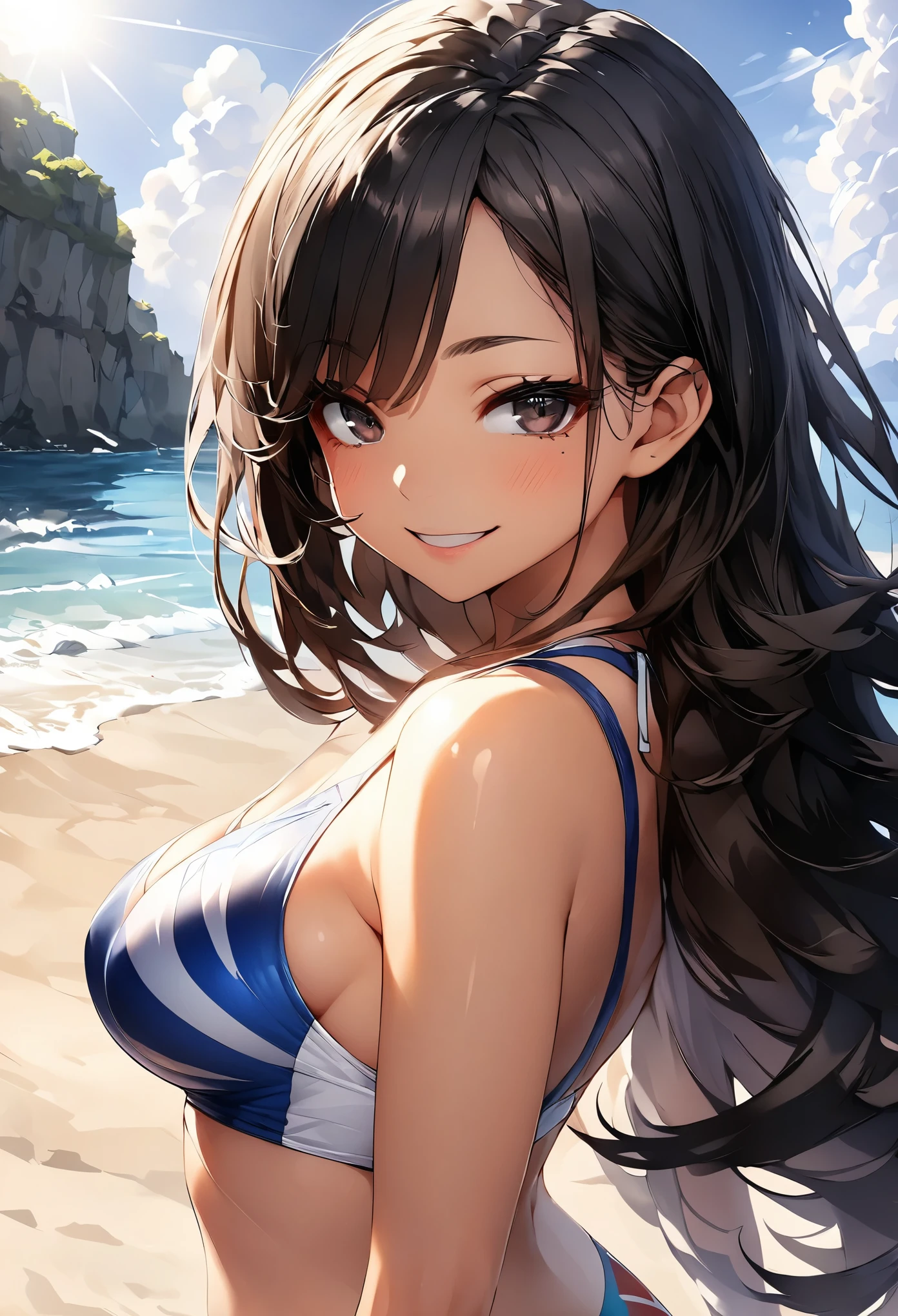 (masterpiece、highest quality、Pieces fly、highest quality、Highest Level、Best image quality)、(Drawing a person using line art)、(1 girl)、(Great proportions), soro、(Beautiful brown mid-length hair Asian woman)、Intense black eyes、Strong eye highlights、eyelash、Lip gloss、(Natural proportions)、(Healthy and beautiful body)、(Skin with attention to detail)、(Sunburned skin)、Perfect Anatomy、(A strong smile)、(Detailed Swimsuit)、Soft Backlight、Soft Light、Soft natural light、Asian resort during the day、Beach Resort、Entering the sea、((The whole body is visible))