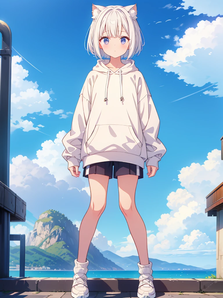 1girl、A loose tracksuit-style long hoodie、Rib knit cuffs and hem、vtuber-fullbody、Milky white short hair、