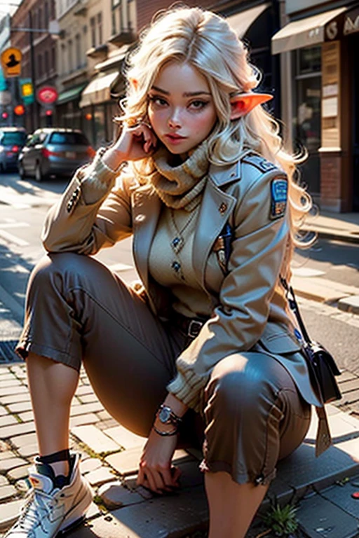 blonde elf woman sitting on the sidewalk with a scarf, elf girl, teen elf girl, very beautiful elf top model, 3d anime realistic,  earley, elfin beauty, female elf, very beautiful elf portrait, elf ears, beautiful wood elf,  , hyper-realistic fantasy art, long elf ears, checkered long pants, a white woolen sweater reaching to the hands and a light brown linen jacket.