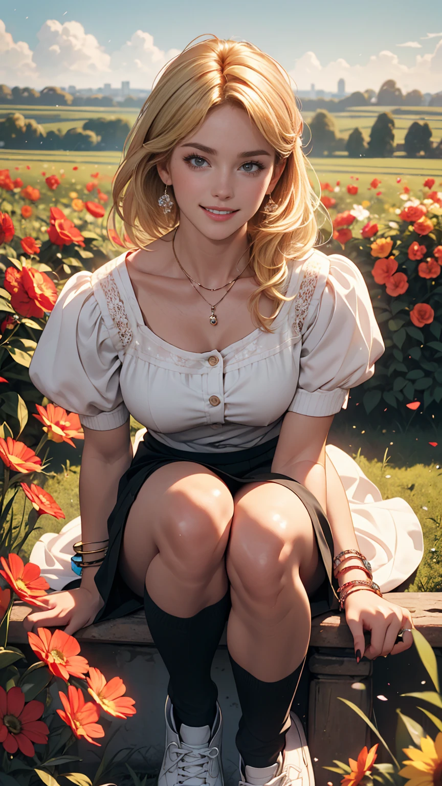 ((最high quality, 8K, masterpiece: 1.3, Ultra HD, high quality, 最high quality, High resolution, realism)) 、A 22-year-old extremely beautiful white woman、Hair color blonde、blue eyeedium Hair、Straight Hair、smile、Slender but well-proportioned body、Background blur((depth of field))、Aerial perspective((atmospheric perspective))、I want my head to stay off screen、Wearing accessories on the wrist、Put an anklet on your ankle、Wearing red nail polish、I have a peticure、Nemofera blooms all over the fields、Wear a sheer blouse、Wear a low-rise micro mini skirt、Wear black knee-high socks、Wear sneakers、smile