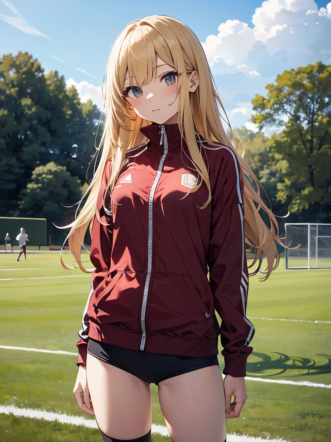 8k, masterpiece, Very detailed, Schoolyard、赤色のトラックスーツを着たblondeの女子高生、 Red tracksuit、,Black bloomers、 Sports Field,Outdoor, blonde、Medium Long Hair、
