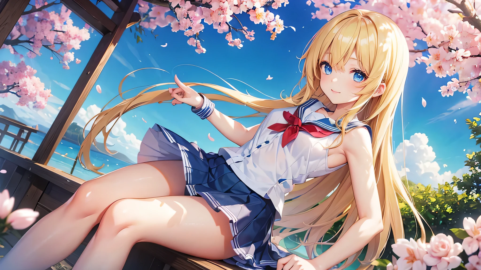 Very cute girl、(I&#39;m 11 years old)、Bright yellow hair、Straight long hair、Bangs too close to the eyes、Bright Blue Eyes、(Normal Human Ear)、Thin arms、Beautiful body、Thin legs、big, Shapely breasts,、Clear white skin、smile、(school uniform、mini skirt、White and blue)、I know the shape of my nipples、(Rose Garden)、Ultra HD、Digital SLR，sit、Cherry blossom trees、