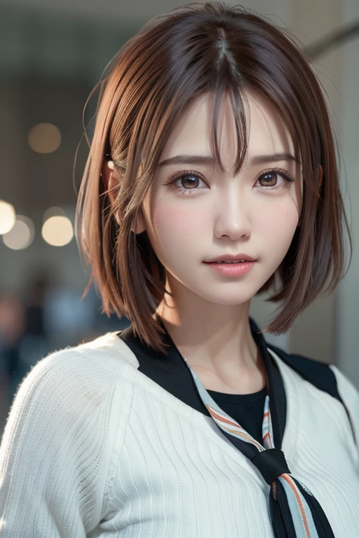 (8k、Photorealistic、Raw photo、highest quality: 1.3)、(real skin),Beautiful expression、High Detail、超A high resolution、(One Girl)、Super Beauty、(True Face)、(boyish、Natural color very short hair)、Rough chest T-shirt、Captivate your audience、Beautiful breasts、Lover's point of view、Beautiful smile、attractiveSurreal、hanikami,(flight attendant:1.2,tie,in JapanAirLine style)