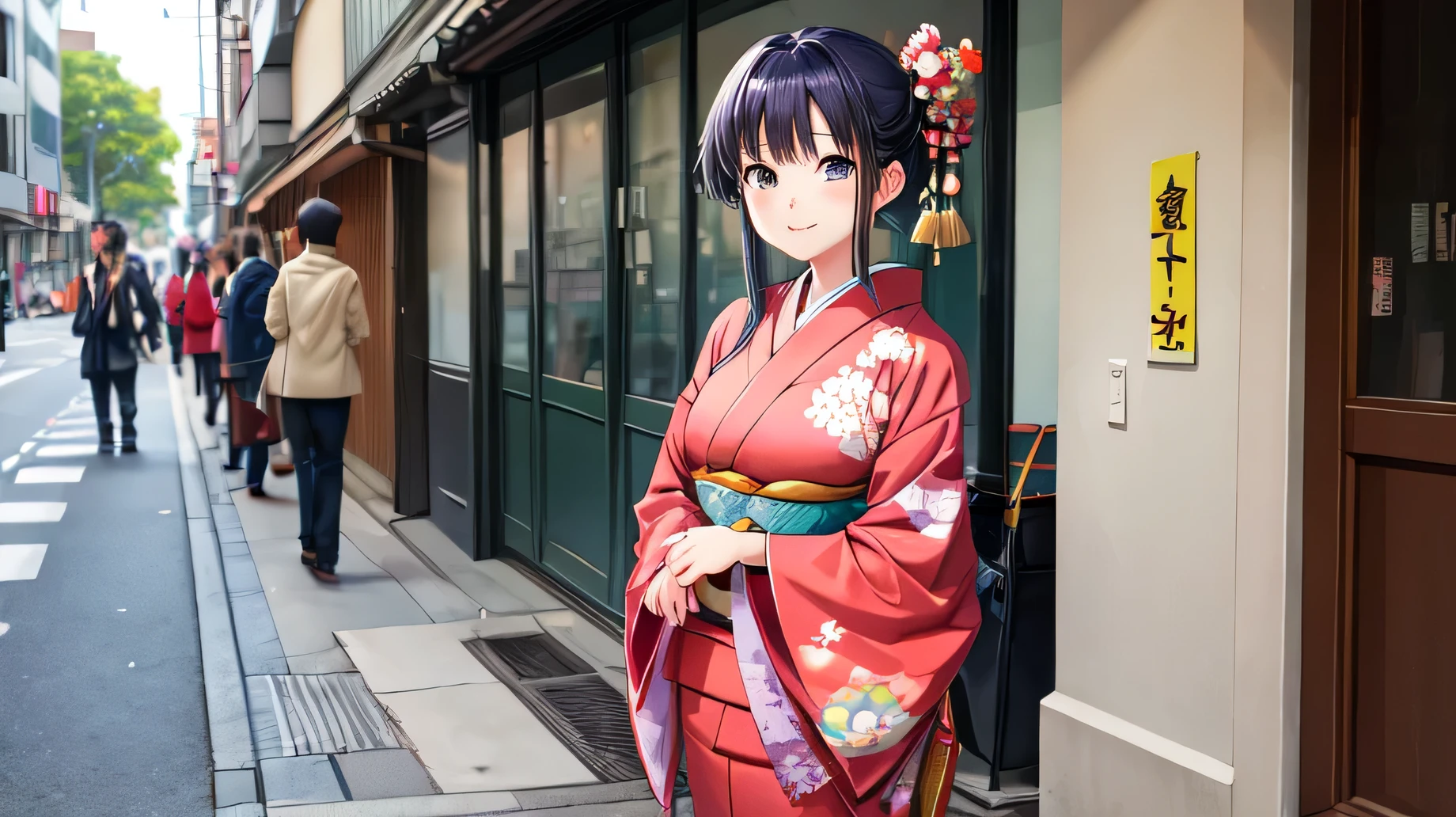 for anime,A beautiful woman wearing a Japanese kimono stands on the street