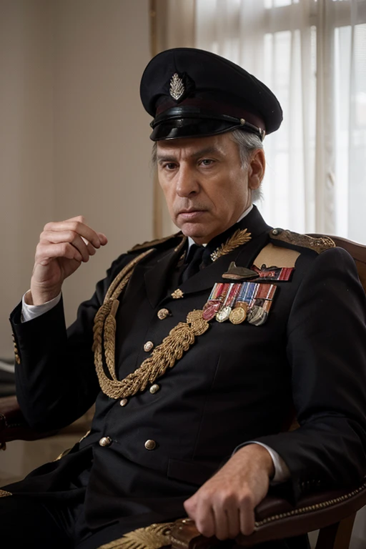 A tyrant governor-general of Spain sitting in the chair, you can see in the face that he is angry and about to erupt because all of his plan was disrupt