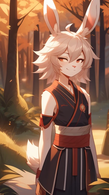 Best quality, super detailed illustration, warm colors, Ideal lighting, (fluffy bunny boy:1.4), white fur, feminine face and body, disheveled thick hair, samurai clothing, at an outpost in the middle of the forest, smug smile, half-closed eyes , Femboy, slim, perfect body, style "DND"