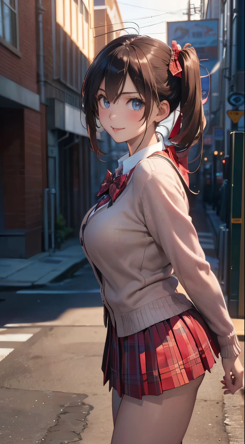 (masterpiece:1.2, top-quality), (realistic, photorealistic:1.4), beautiful illustration, NSFW,
looking at viewer, cowboy shot, front view:0.6,
1 girl, japanese, high school girl, light brown hair, (long hair:1.8), (side ponytail:1.7), bangs, hair between eye, blue eyes, large breasts:0.8, (thick thighs),
beautiful hair, beautiful face, beautiful detailed eyes, beautiful clavicle, beautiful body, beautiful chest, beautiful thigh, beautiful legs, beautiful fingers,
(beautiful scenery), dawn, lamppost, sidewalk,
((pleated mini skirt, socks, red private school uniform:1.2, light pink cardigan, red plaid pleated skirt, red plaid bow tie, red plaid hair ribbon)), pink panties,
(swollen), ((seductive posture: 1.2, attractiveness: 1.2)), (idle),
(erotic, sexy, upper eyes, smile), shiny skin,
perfect face, cute and symmetrical face, natural side lighting, movie lighting),
walking,