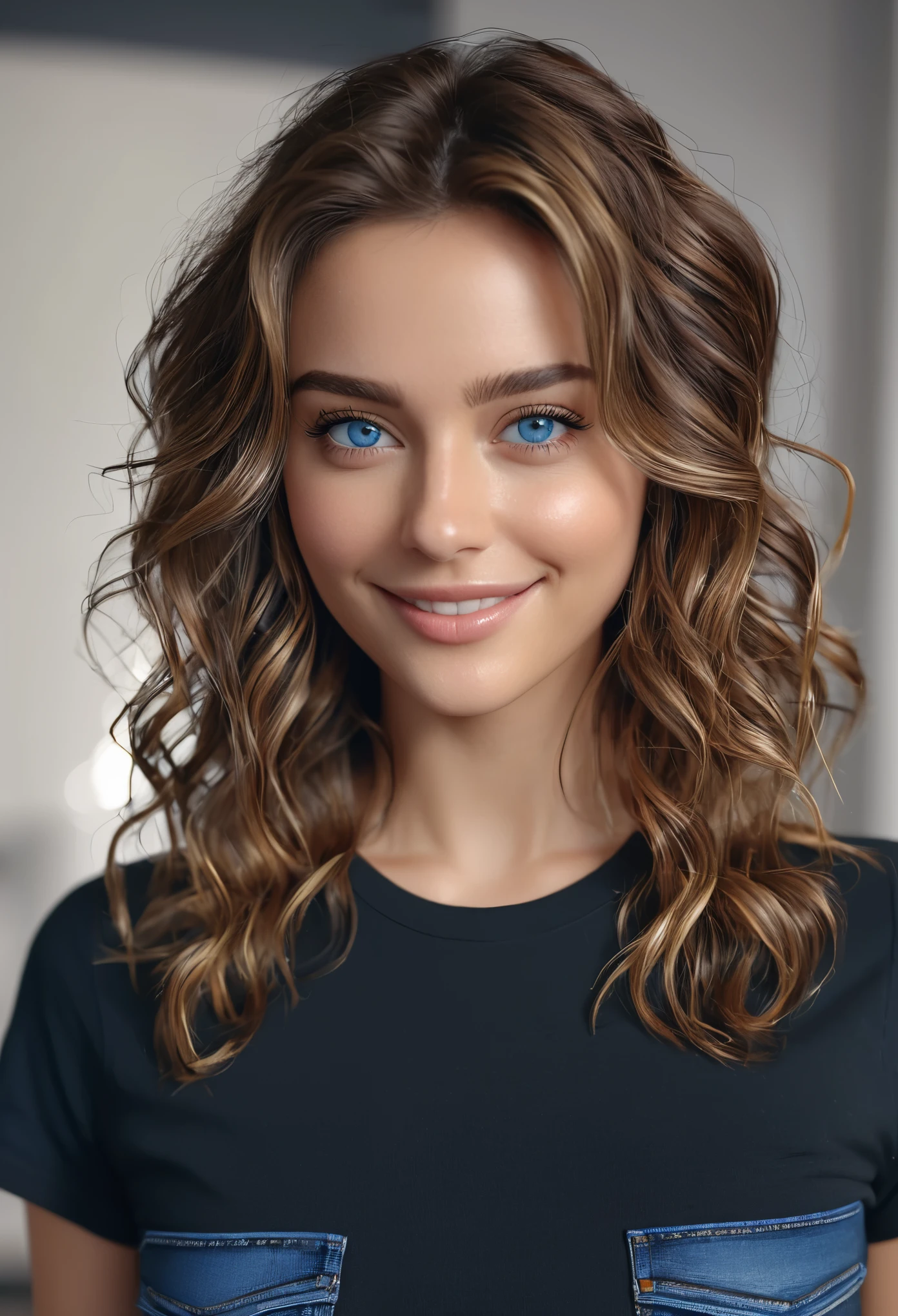 Full body Beautiful brunette with blonde highlights wearing a Black t-shirt , jeans (in a room ), highly detailed, 22 years old, , , innocent face, natural wavy hair, blue eyes, high resolution, Masterpiece, Best quality, Intricate high detail, Highly detailed, Sharp focus, Detailed skin, realistic skin texture, texture, detailed eyes, professional, 4k, charming smile, shot on Canon, 85mm, shallow depth of field, Kodak Vision Color, Perfect Fit Body , extremely detailed, photography_\(ultra\), Photorealistic, Realistic, Post-processing, maximum details, roughness, real life, ultra realistic, Photorealism, photography, 8k UHD, photography, busty