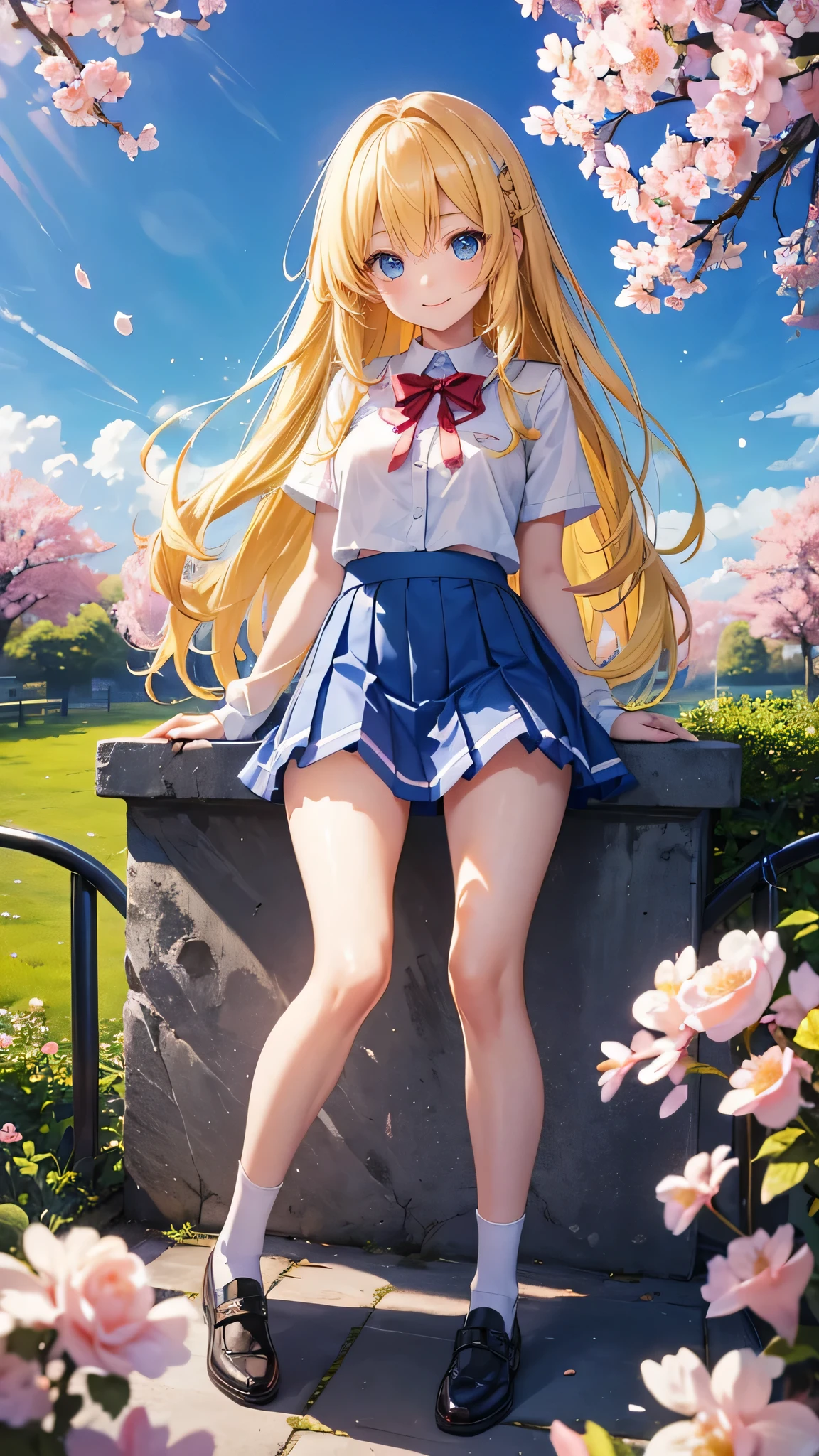 Very cute girl、(I'm )、Bright yellow hair、Straight long hair、Bangs too close to the eyes、Bright Blue Eyes、(Normal Human Ear)、Thin arms、Beautiful body、Thin legs、big, Shapely breasts,、Clear white skin、smile、(school uniform、mini skirt、White and blue)、I know the shape of my nipples、(Rose Garden)、Ultra HD、Digital SLR,sit、Cherry blossom trees、