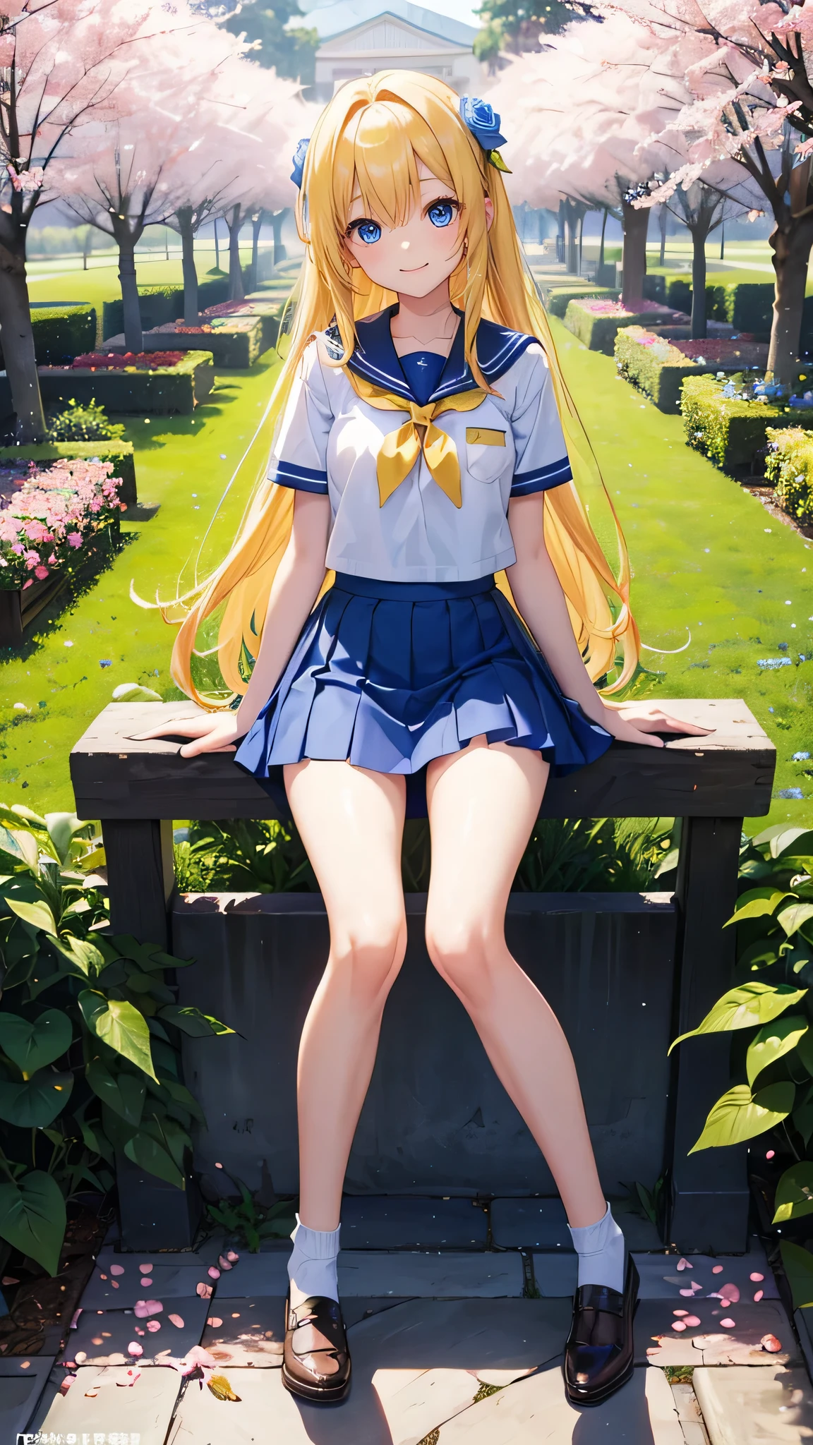 Very cute girl、(I'm 11 years old)、Bright yellow hair、Straight long hair、Bangs too close to the eyes、Bright Blue Eyes、(Normal Human Ear)、Thin arms、Beautiful body、Thin legs、big, Shapely breasts,、Clear white skin、smile、(school uniform、mini skirt、White and blue)、I know the shape of my nipples、(Rose Garden)、Ultra HD、Digital SLR,sit、Cherry blossom trees、