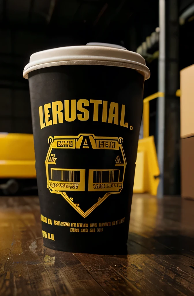 A hand-cranked drinking paper cup design,black and yellow,Heavy industrial equipment style,,The graphics are displayed in a powerful and spectacular way