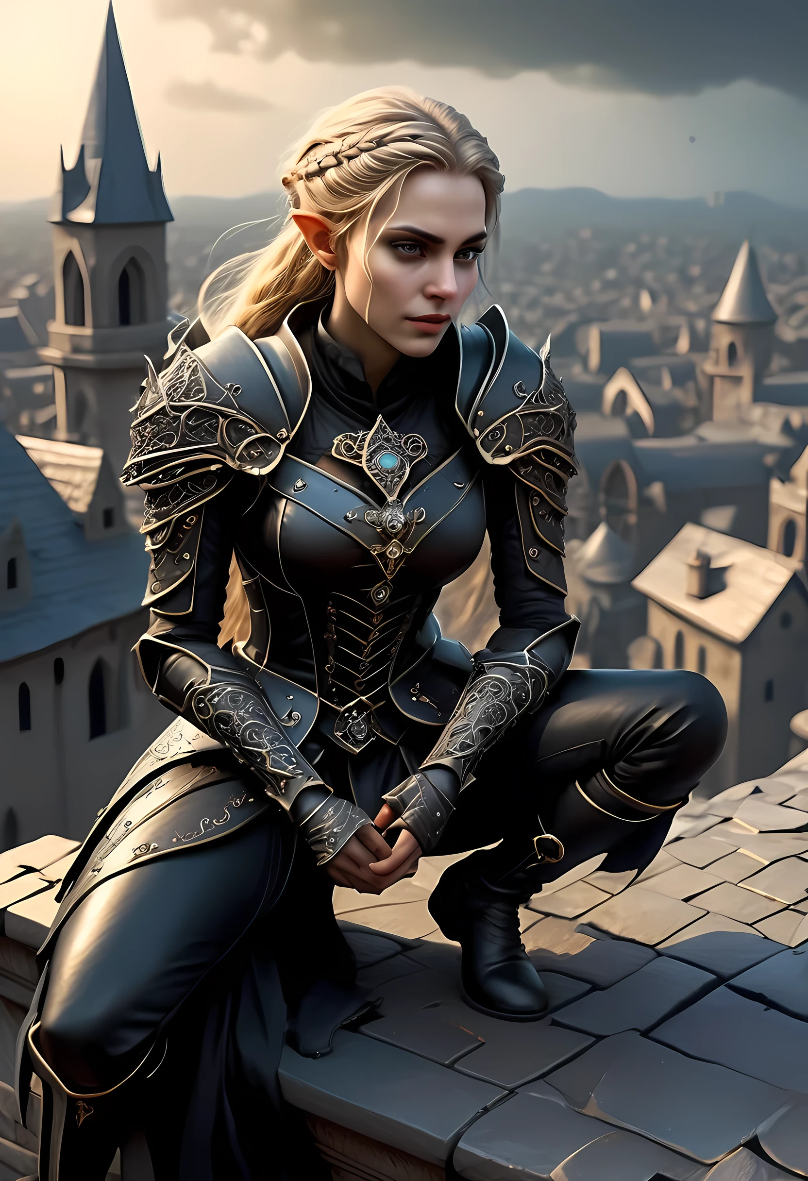 fantasy art, d&d art, rpg art, realistic art, goth art, a, high details, best quality, 16k, [ultra detailed], masterpiece, best quality, (extremely detailed), dynamic angle, RAW, photorealistic, a picture of an epic fantasy thief , kneeling on roof top (best details, Masterpiece, best quality: 1.5) on top of a roof in goth fantasy city, ready for action, plenty of buildings, a temple (best details, Masterpiece, best quality: 1.5), female elf (best details, Masterpiece, best quality: 1.5), epic fantasy thief, [[anatomically correct]], blond hair, braided hair, fair skin, intense bright eyes, armed with dagger, dynamic position (intricate details, Masterpiece, best quality: 1.5), small pointed ears, dark armor, full leather armor (intricate details, Masterpiece, best quality: 1.5), tense atmosphere, night, stars light, moon light, moon rays, stars, best details, best quality, highres, ultra wide angle, drkfntasy night over the roof top of a goth church, the elf watches the city below,  it is ready to act, medieval city background