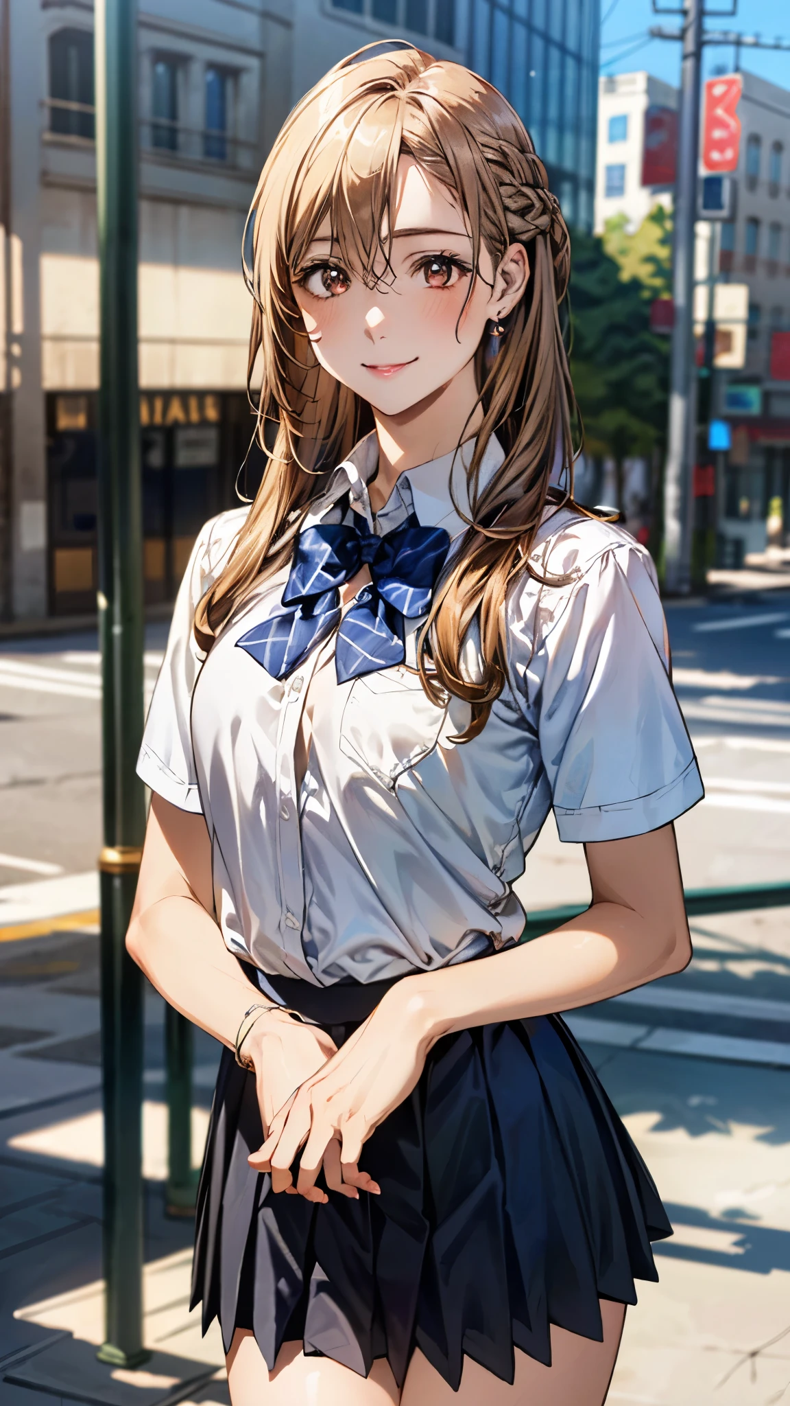 (masterpiece:1.3, top-quality, ultra high res, ultra detailed), (realistic, photorealistic:1.4), beautiful illustration, perfect lighting, natural lighting, colorful, depth of fields, surrealism,
beautiful detailed hair, beautiful detailed face, beautiful detailed eyes, beautiful clavicle, beautiful body, beautiful chest, beautiful thigh, beautiful legs, beautiful hands, 
looking at viewer, (cowboy shot), 1 girl, yuuki asuna, (perfect hands, perfect anatomy, anatomically correct), cute and symmetrical face, babyface, perfect face, perfect eyes, slender, 
(long hair, straight hair, braided bangs, light brown hair), hair between eyes, orange eye, big eyes, long eye lasher, (medium breasts), white skin, shiny skin, outstanding style, 
(detailed cloth texture, short sleeve light blue collared shirt, navy pleated skirt, blue bow tie), 
(beautiful scenery), daylight, (city), standing, (versatile sexy poses), (lovely smile, upper eyes), 