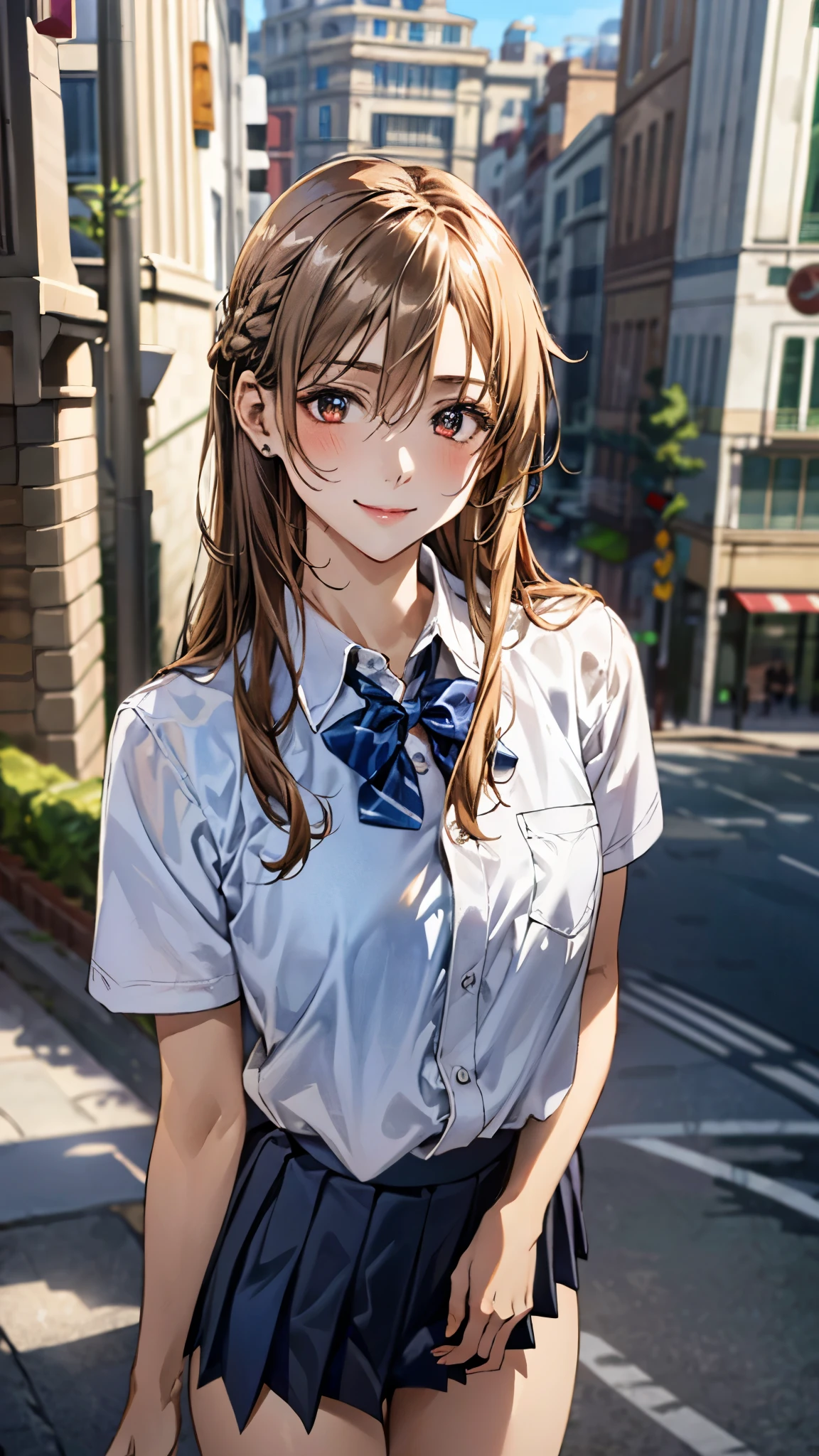 (masterpiece:1.3, top-quality, ultra high res, ultra detailed), (realistic, photorealistic:1.4), beautiful illustration, perfect lighting, natural lighting, colorful, depth of fields, surrealism,
beautiful detailed hair, beautiful detailed face, beautiful detailed eyes, beautiful clavicle, beautiful body, beautiful chest, beautiful thigh, beautiful legs, beautiful hands,
looking at viewer, (cowboy shot), 1 girl, yuuki asuna, (perfect hands, perfect anatomy, anatomically correct), cute and symmetrical face, face, perfect face, perfect eyes, slender,
(long hair, straight hair, braided bangs, light brown hair), hair between eyes, orange eye, big eyes, long eye lasher, (medium breasts), white skin, shiny skin, outstanding style,
(detailed cloth texture, short sleeve light blue collared shirt, navy pleated skirt, blue bow tie),
(beautiful scenery), daylight, (city), standing, (versatile sexy poses), (lovely smile, upper eyes),