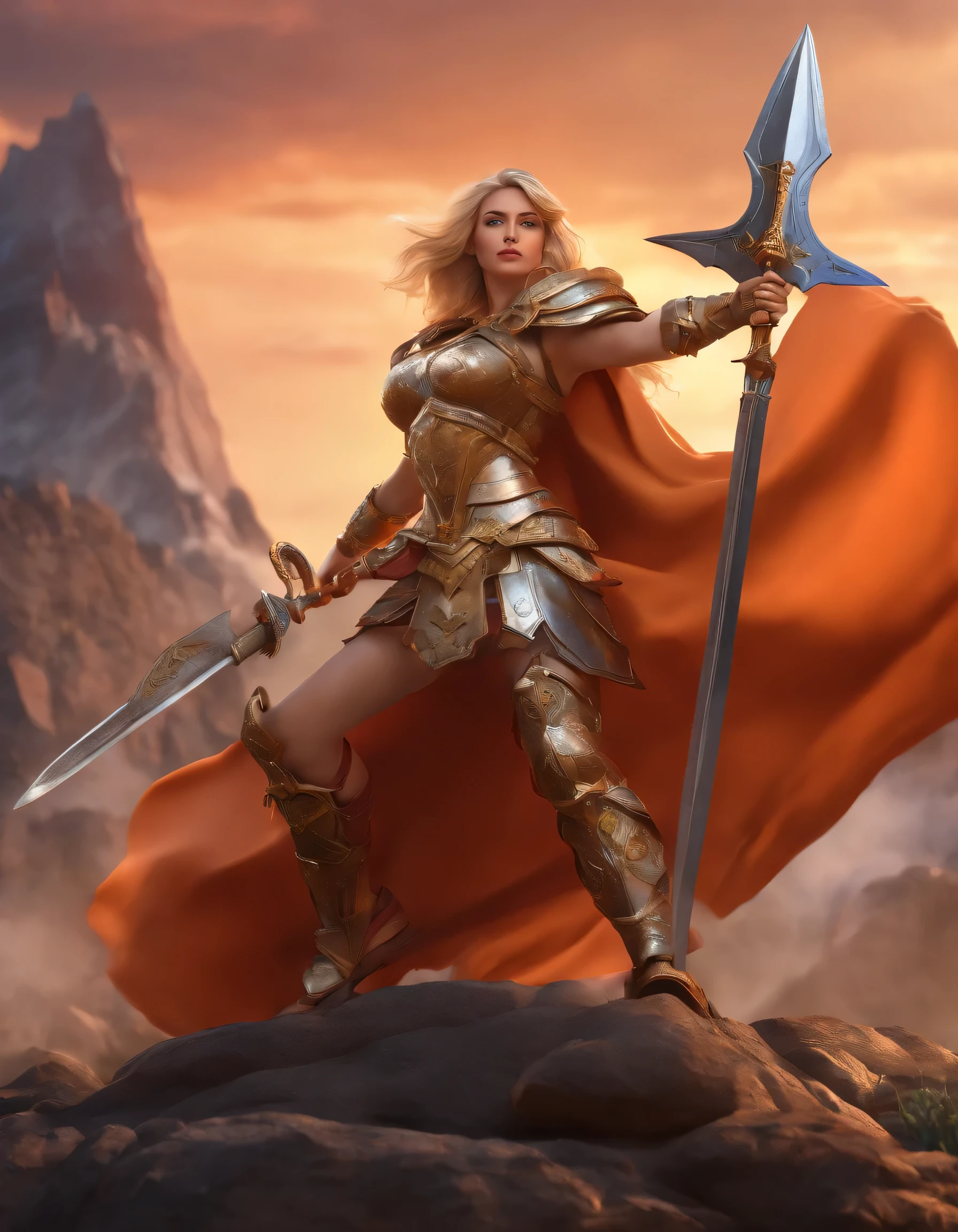 beauty female paladin,cleavage,navel,holding sword and shield,fighting pose,spread legs,volcano,from below