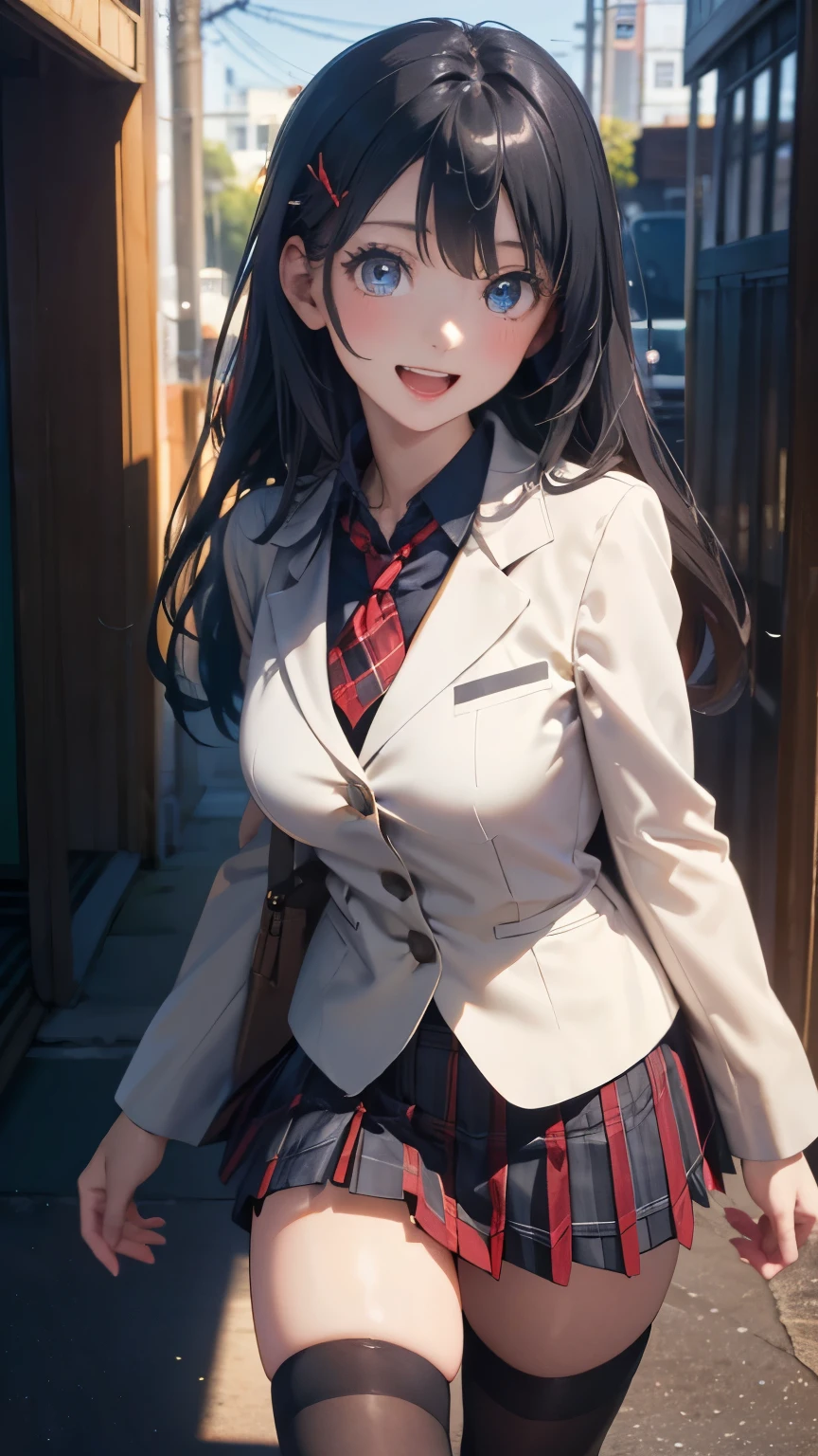 (masterpiece:1.2, top-quality), (realistic, photorealistic:1.4), beautiful illustration, (natural side lighting, movie lighting), 
looking at viewer, fullbody, 1 girl, japanese, high school girl, perfect face, cute and symmetrical face, shiny skin, babyface, 
(long hair, straight hair, hairpin, black hair), swept bangs, blue eyes, big eyes, drooping eyes, (middle breasts, seductive thighs, big ass), piercings, 
beautiful hair, beautiful face, beautiful detailed eyes, beautiful clavicle, beautiful body, beautiful chest, beautiful thigh, beautiful legs, beautiful fingers, 
((white cute blazer, (black collared shirt), red plaid pleated miniskirt, red tie), black pantyhose), navy school bag, 
(beautiful scenery), evening, street, school desk, walking, waving hand, (lovely smile, upper eyes, open mouth),