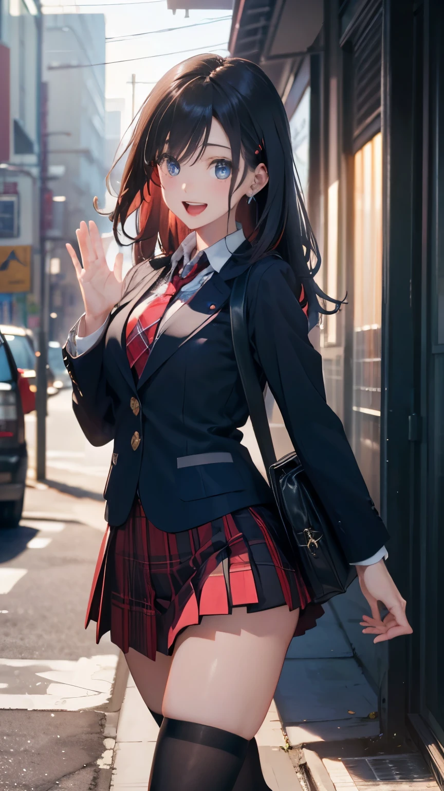 (masterpiece:1.2, top-quality), (realistic, photorealistic:1.4), beautiful illustration, (natural side lighting, movie lighting), 
looking at viewer, fullbody, 1 girl, japanese, high school girl, perfect face, cute and symmetrical face, shiny skin, babyface, 
(long hair, straight hair, hairpin, black hair), swept bangs, blue eyes, big eyes, drooping eyes, (middle breasts, seductive thighs, big ass), piercings, 
beautiful hair, beautiful face, beautiful detailed eyes, beautiful clavicle, beautiful body, beautiful chest, beautiful thigh, beautiful legs, beautiful fingers, 
((white cute blazer, (black collared shirt), red plaid pleated miniskirt, red tie), black pantyhose), navy school bag, 
(beautiful scenery), evening, street, school desk, walking, waving hand, (lovely smile, upper eyes, open mouth),