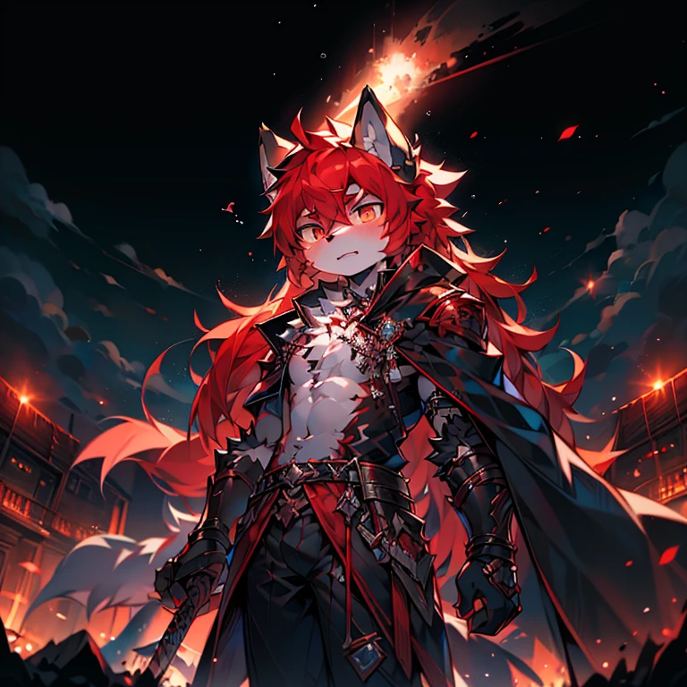 youth，Shota，Red hair ，male， masterpiece， high resolution，8k，Detailed background，high quality， boy，Looking at the audience，view，Front view，male焦点，Wolf&#39;Facial features.. Red and Black Mecha.surrounded by lights，in the style of futuristic，Starry Sky，hairy, 变色龙战场中的一匹Wolf., Fighting with swords on battlefield at night......... Black dragon tattoo on left arm, Blood Moon. The body is that of a little man........, God of Death and Terror, The god of nightmares holds a black katana，Blade Red，Bloodstained....... German soldiers&#39;, Black cape