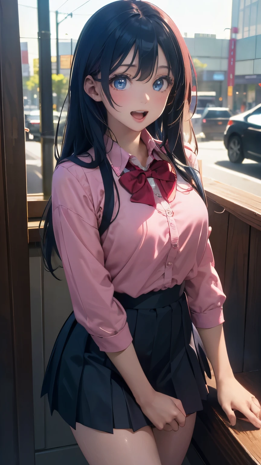 (masterpiece:1.2, top-quality), (realistic, photorealistic:1.4), beautiful illustration, (natural side lighting, movie lighting), , 
(looking at viewer), 1 girl, japanese, high school girl, perfect face, cute and symmetrical face, shiny skin, skinny, 
(long hair, straight hair, blue hair), swept bangs, light blue eyes, drooping eyes, long eye lasher, (large breasts:0.6), five fingers, 
beautiful hair, beautiful face, beautiful detailed eyes, beautiful clavicle, beautiful body, beautiful chest, beautiful thighs, beautiful legs, 
((symmetrical clothing, pink collared shirts, black pleated skirt)), red bow tie, navy socks, 
(beautiful scenery), day time, shopping mall, (lovely smile, upper eyes, open mouth, sexy pose), 