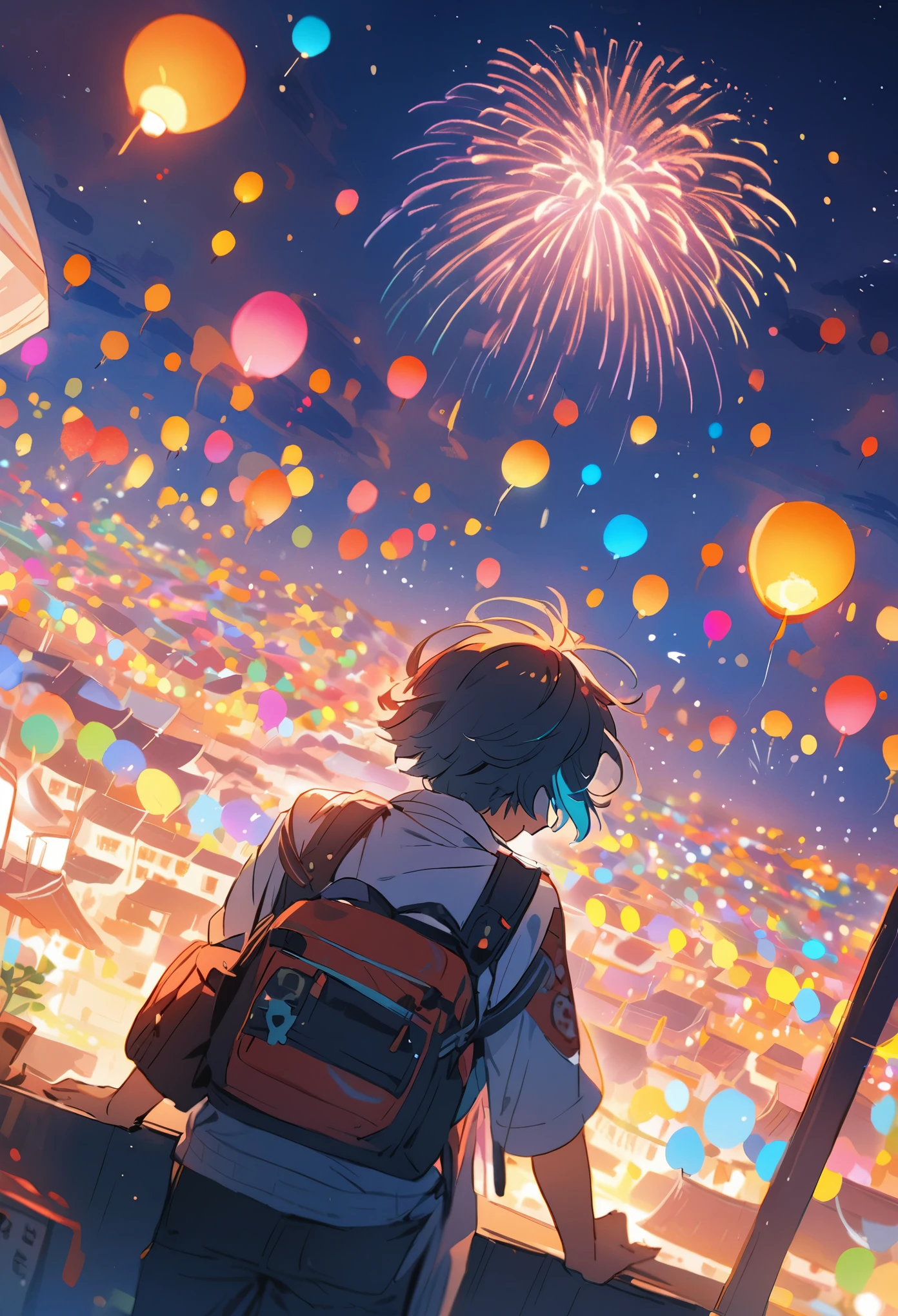 Chinese city，A man watching colorful fireworks on the roof，rios，Colorful lights，（（（tmasterpiece）））， （（Best quality at best））， （（intricately details））， （（hyper realisitc））（8K）