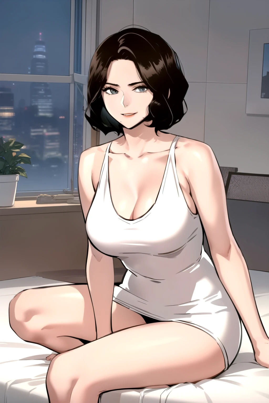 masterpiece, best quality, perfect anatomy, beautiful background, beautiful face, beautiful eyes, full body, shin jiye, 1girl, solo, smiling, sexy, short hair, large breasts, black hair, lying down on bed,wide hip, legs crossed, collarbone, mole, lips, white tank top, mole under mouth, deep neckline, close up breasts, from side, looking at the viewer