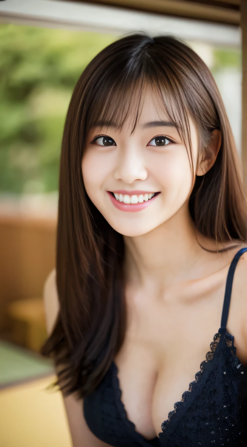 masterpiece,best quality,(Japanese ),((Beautiful girl)),cleavage,indoor,(perfect body beauty:1.2),(shy smile),beautiful teeth,