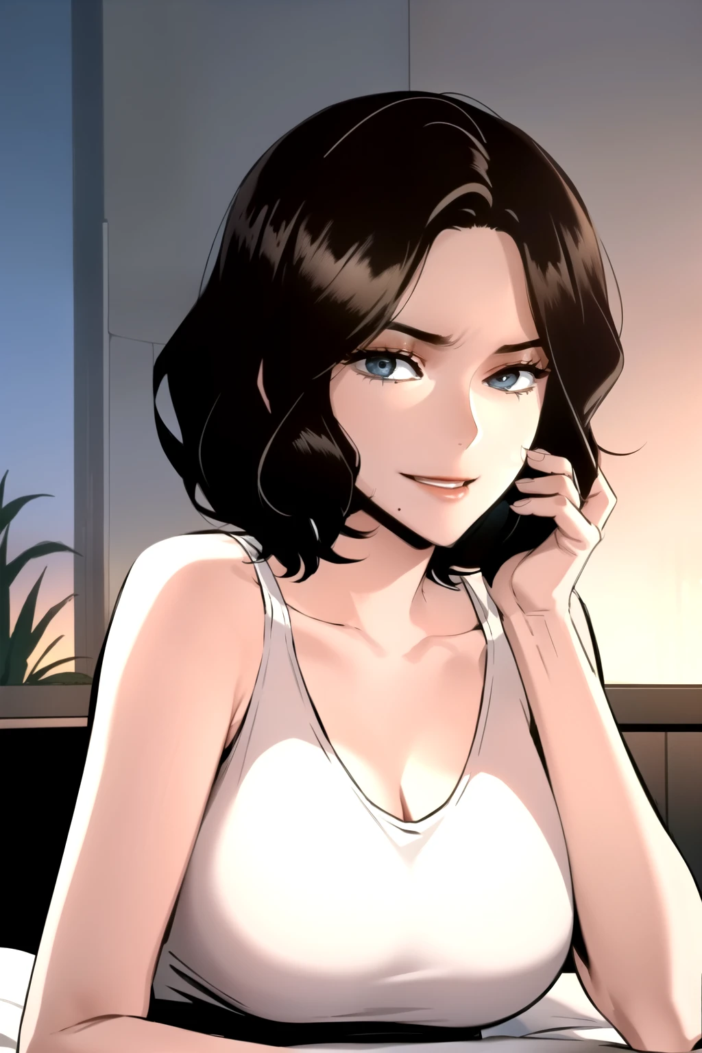 masterpiece, best quality, perfect anatomy, beautiful background, beautiful face, beautiful eyes, full body, shin jiye, 1girl, solo, smiling, sexy, short hair, large breasts, black hair, lying down on bed,wide hip, legs crossed, collarbone, mole, lips, white tank top, mole under mouth, deep neckline, close up breasts, from side, looking at the viewer