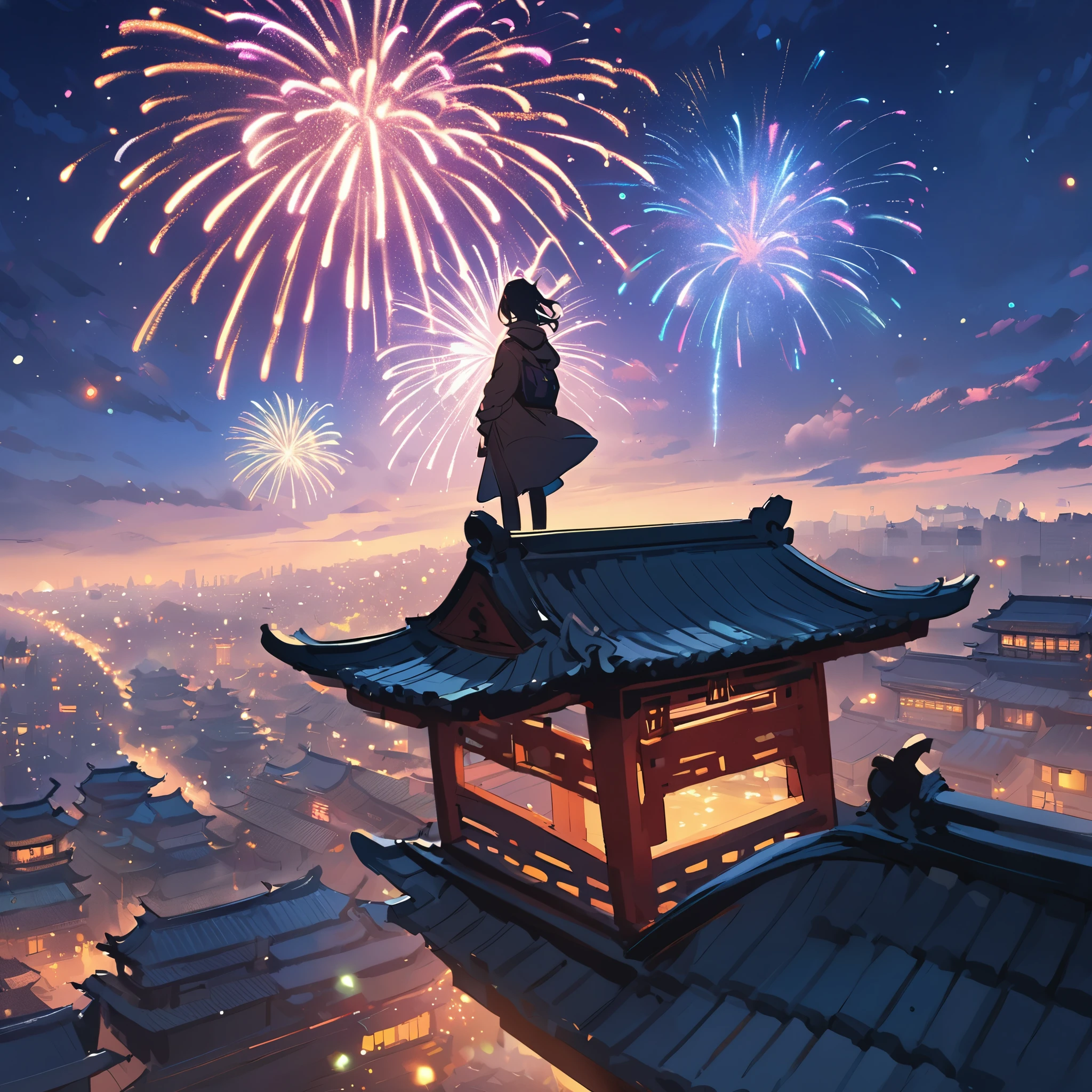 Chinese city，A man watching colorful fireworks on the roof，rios，Colorful lights，（（（tmasterpiece）））， （（Best quality at best））， （（intricately details））， （（hyper realisitc））（8K）