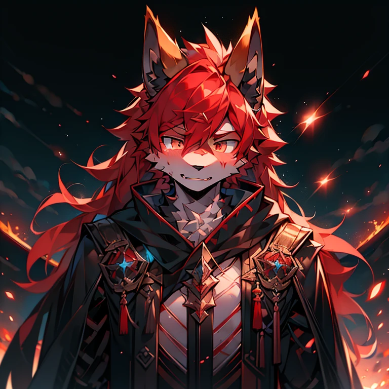 Red hair ,male, masterpiece, high resolution,8k,Detailed background,high quality, boy,Looking at the audience,view,Front view,male焦点,Wolf'Facial features.. Red and Black Mecha.surrounded by lights,in the style of futuristic,Starry Sky,hairy, 变色龙战场中的一匹Wolf., Fighting with swords on battlefield at night......... Black dragon tattoo on left arm, Blood Moon. The body is a man's body........, God of Death and Terror, The god of nightmares holds a black katana,Blade Red,Bloodstained....... German soldiers', Black cape