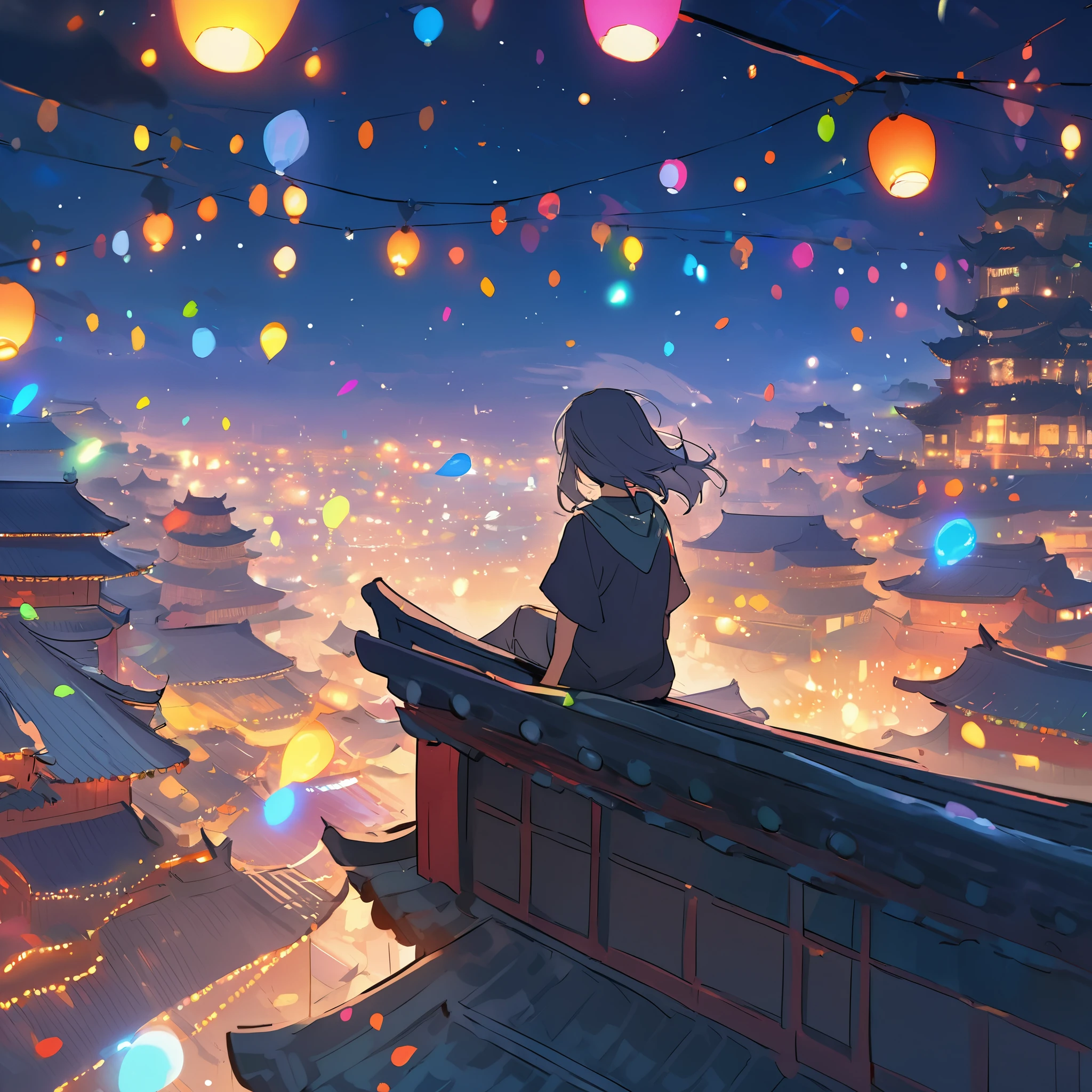 Chinese city，A man watching colorful fireworks on the roof，rios，Colorful lights，（（（tmasterpiece）））， （（Best quality at best））， （（intricately details））， （（hyper realisitc））（8K）