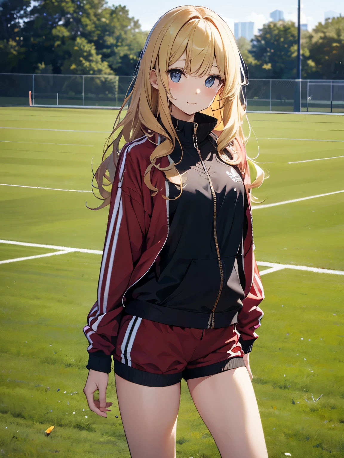 8k, masterpiece, Very detailed, Schoolyard、ジョギングをするblondeの女子高生、 Run、Red tracksuit、,Black bloomers、 Sports Field,Outdoor, blonde、Medium Long Hair、
