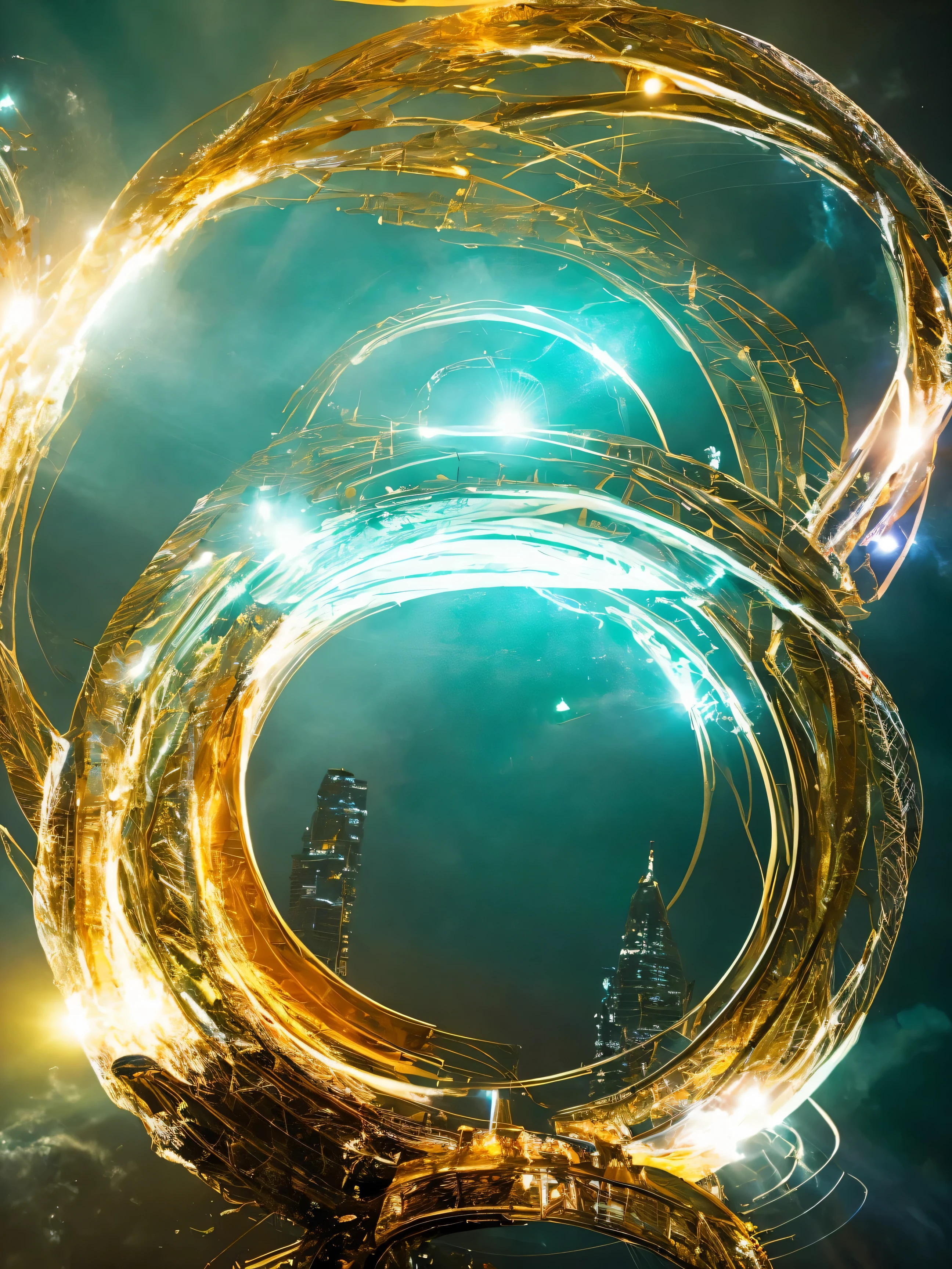create a 3d image with a scifi machine circle surrounded by flying dust particles on a futuristic scifi city background