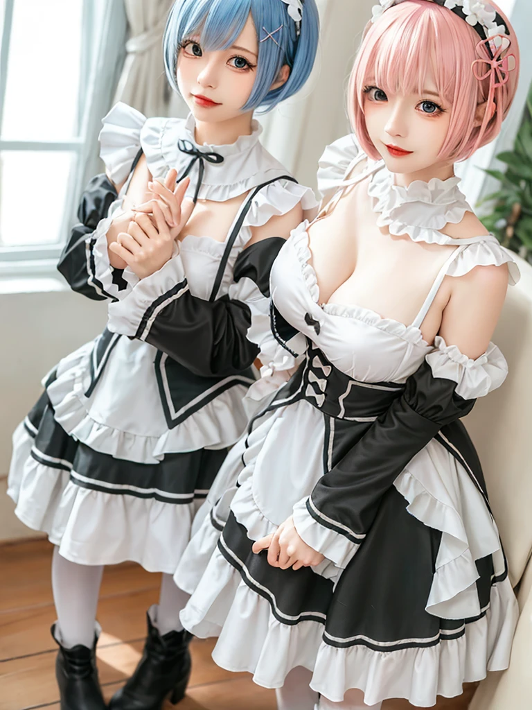 (8K, Photorealistic, Raw photo, of the highest quality: 1.3), (1girl in), Super beautiful, (Realistic face), (boyish, pink Color Berry Shorthair), Beautiful , Glare that captivates the viewer, Beautiful expression, Beautiful breasts, (Realistic skin), Be...Create a detailed and colorful image of Ram and Rem from Re:Zero, standing back-to-back in their maid outfits, with a magical fantasy background、ars old, two girls,cute, perfect face, beautiful, nice body, gothic lolita clothes, gothic lolita fashion, frilly skirt, headdress, necklace, bracelet, knee-high socks, boots, double eyelids, tear bags, Detailed down to the fingers, photo-like description, indoors, dim indoor lighting, one girl is pink hair and short bob, another girl is light blue hair and short bob,standing, sexy posing,whole body, composition that shows the whole body, smiling,The Both of them are wearing the same type of maid outfit,Optimal ratio of 4 fingers and 1 thumb