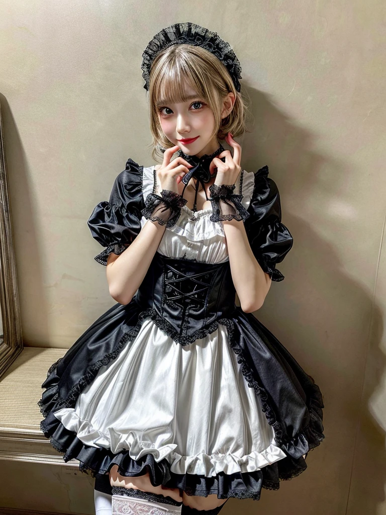 (8K, Photorealistic, Raw photo, of the highest quality: 1.3), (1girl in), Super beautiful, (Realistic face), (boyish, Silver Color Berry Shorthair), Beautiful , Glare that captivates the viewer, Beautiful expression, Beautiful breasts, (Realistic skin), Be...Super high quality, super high definition, super detailed, masterpiece, 20years old, female, cute, perfect face, beautiful, nice body, gothic lolita clothes, gothic lolita fashion, frilly skirt, headdress, necklace, bracelet, knee-high socks, boots, double eyelids, tear bags, Detailed down to the fingers, photo-like description, indoors, dim indoor lighting, blonde hair, short bob, standing, whole body, composition that shows the whole body, smiling