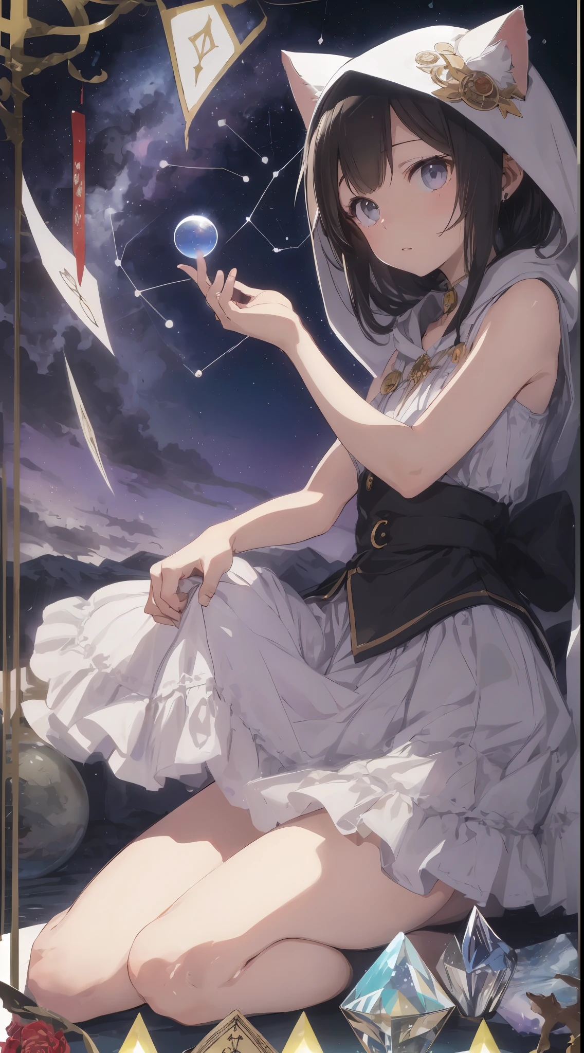 Anime girl with a cat hat and a white dress sitting on a rock - SeaArt AI