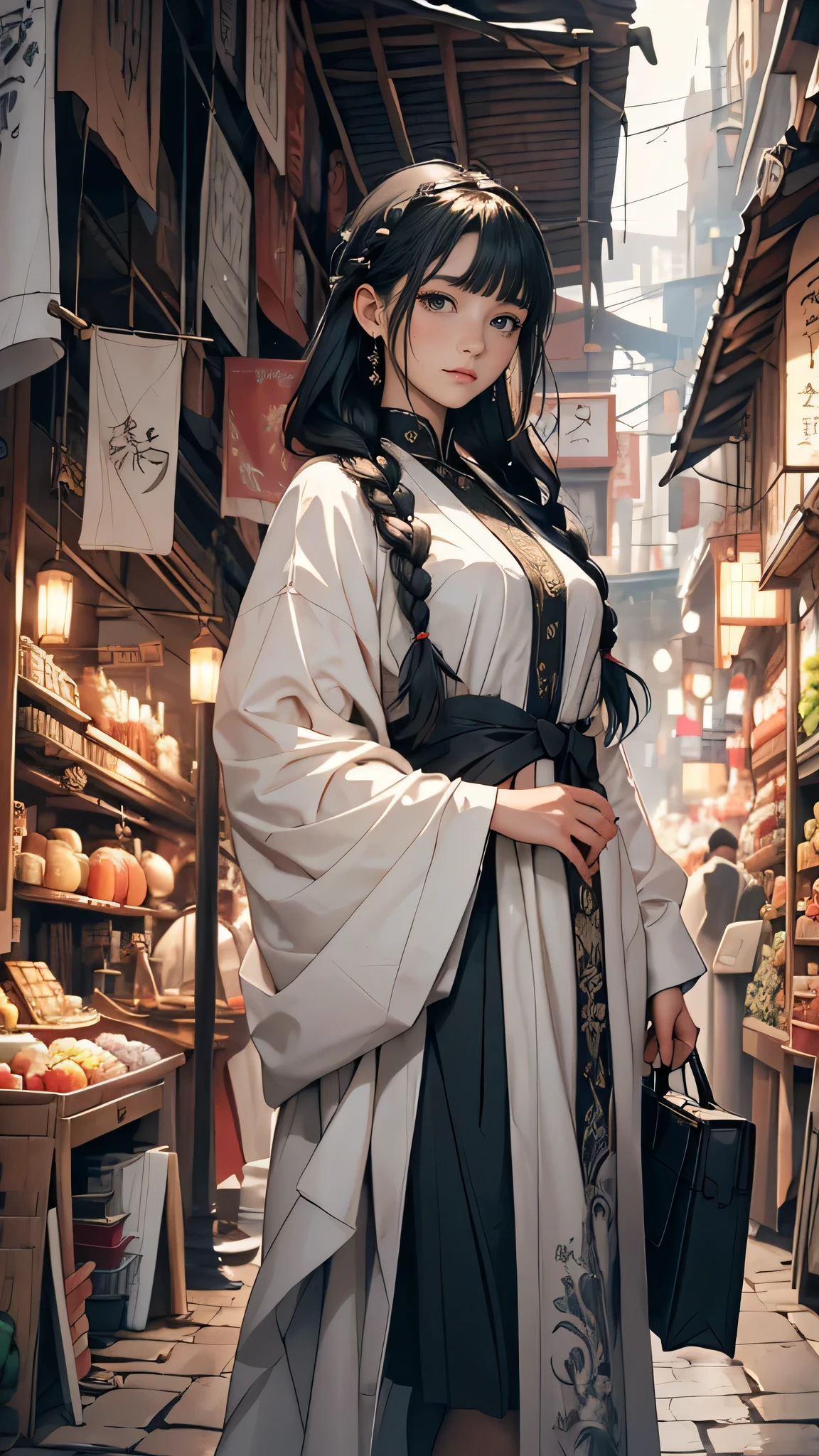 An ethereal depiction of a girl with long black braided hair, exploring a bustling market in a black and white attaire garment, amidst a medical fantasy theme. The scene is set in a square orientation, capturing the mystery and intrigue of this unique setting.