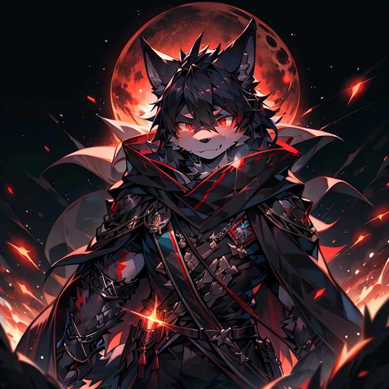 black hair ,Red pupil,male, masterpiece, high resolution,8k,Detailed background,high quality, boy,Looking at the audience,view,Front view,male焦点,Wolf'Facial features.. Red and Black Mecha.surrounded by lights,in the style of futuristic,Starry Sky,hairy, 变色龙战场中的一匹Wolf., Fighting with swords on battlefield at night......... Black dragon tattoo on left arm, Blood Moon. The body is a man's body........, God of Death and Terror, The god of nightmares holds a black katana,Blade Red,Bloodstained....... German soldiers', Black cape