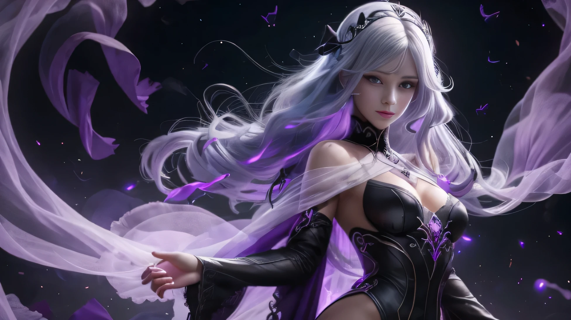there is a full size siluette, transparent figure of the naked dark shadow ghost of a beautiful silver hair women with purple shining eyes and beautiful face dressed only in thin vail stand in the middle of the fields filled with purple poppies inviting someone by reacing her graceful hand, dark crescent moon shine behind her, illustration, high quality realistic anime art, beautiful spectral women,transparent ghost girl with cute face, purple aura around the ghost body, Lot of ilusorik batterflys fly around the women, full size body, realistic high quality face, high quality seductine face expression, 4k best quality, masterpiece, best quality 4k wallpapers