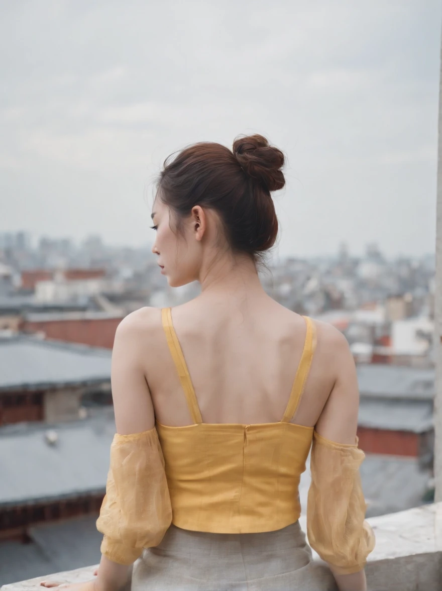 a japanese woman from behind , pale skin, wearing yellow crop top  sorrow, standing on rooftop, suicide issue, the image is bright but sad