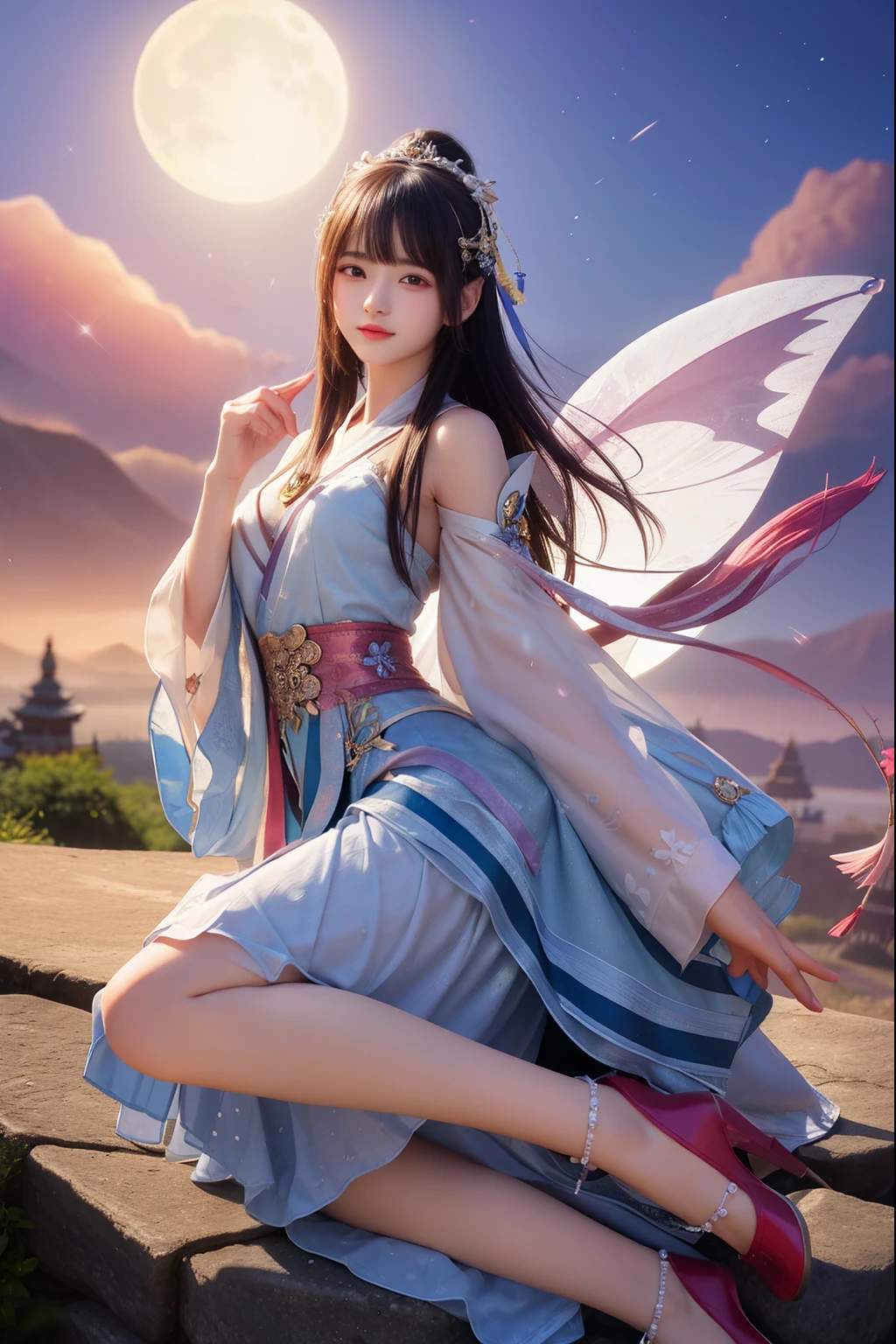 Moonlight scenery,The ancient goddess in Hanfu is unique。Her gorgeous costume sparkles,The skirt flutters in the breeze,It looks elegant and dynamic。There was a mischievous look in her eyes,As if blending into this peaceful nature。
The costume goddess wears a pair of fashionable high heels under her feet,It doesn't match her elegant temperament.,But it adds a touch of mystery and sexiness。。Her feet stepped on the bluestone,It's like dancing on the ground,Elegant step by step。
In the Moonlight,The landscape is even more beautiful in the mist。她的身影In the Moonlight翩翩起舞,Fairy Beauty。Her demeanor is playful and cute,People can't help but want to get closer,Discover her inner secrets。
Right now,Everything around me seems to have disappeared,Only this ancient costume goddess and this beautiful landscape painting are left。She smiled,sports,Full of poetry,Intoxicating,Inextricable。
