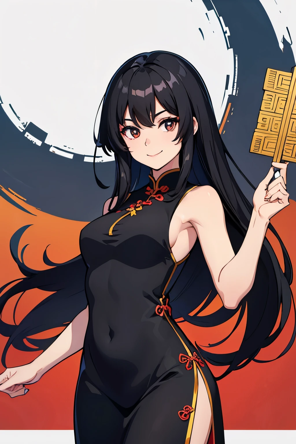female,Black hair,Long hair,Chinese cheongsam,sleeveless,Show your shoulders,Smile,The color of the plane,Blank background