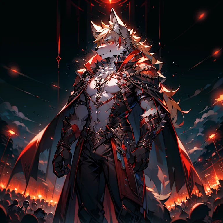 Yellow hair ，Red pupil，male， masterpiece， high resolution，8k，Detailed background，high quality， boy，Looking at the audience，view，Front view，male焦点，Wolf&#39;Facial features.. Black Mecha.surrounded by lights，in the style of futuristic，Starry Sky，hairy, 变色龙战场中的一匹Wolf., Fighting with swords on battlefield at night......... Black dragon tattoo on left arm, Blood Moon. The body is a man&#39;s body........, God of Death and Terror, The god of nightmares holds a black katana，Blade Red，Bloodstained....... German soldiers&#39;, Black cape