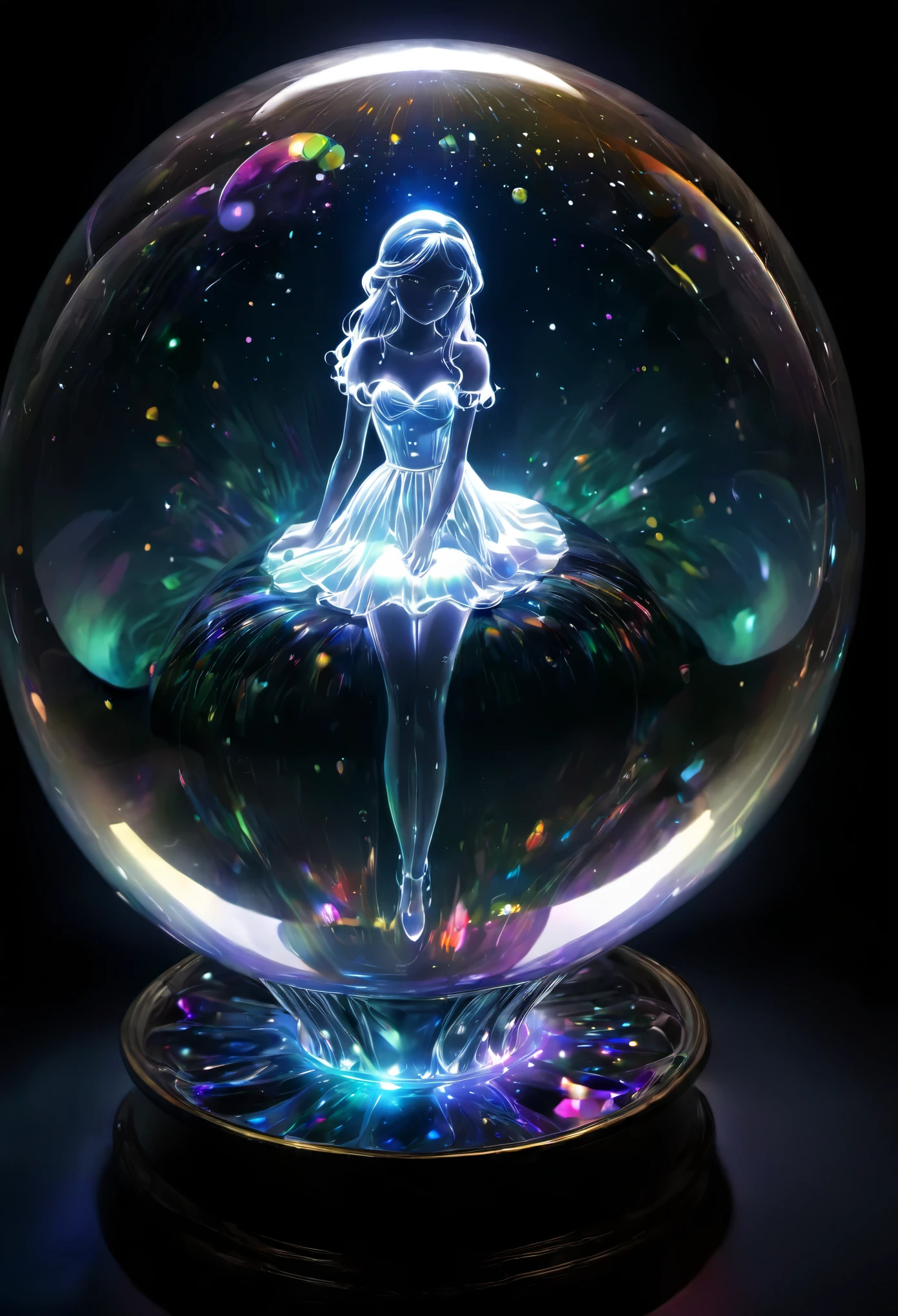 ((((masterpiece, best quality, ultra detail, very_high_resolution, large_filesize, full color)))), One Girl, It&#39;s in a glass ball, The glass ball is shining, The girl is also shining like a fairy., The dark background makes the glass balls stand out.