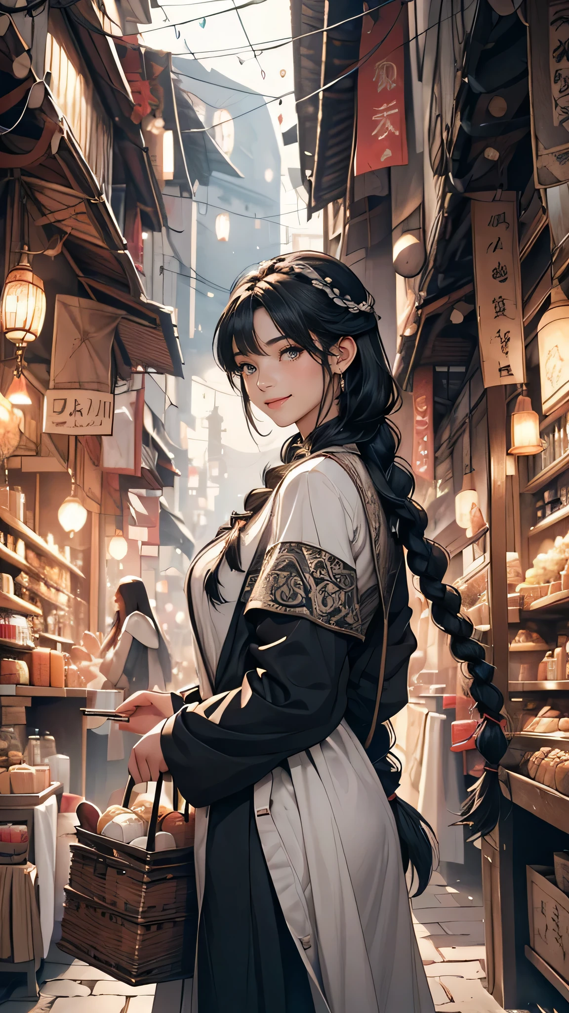 An ethereal depiction of a girl with long black braided hair, smilling, exploring a bustling market in a black and white attaire garment, amidst a medical fantasy theme. The scene is set in a square orientation, capturing the mystery and intrigue of this unique setting.