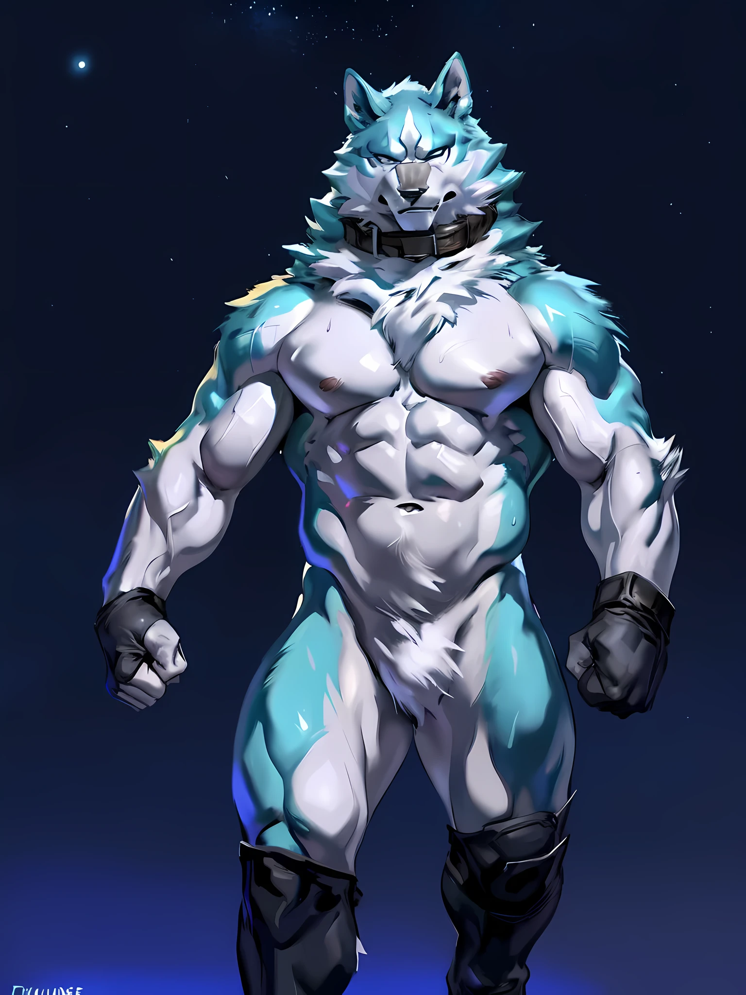 shirou_ogami, shirou_BNA, 4k, high resolution, best quality, posted on e621, solo, anthro body, male, adult, masculine, (very muscular, abs, muscular arms, heavyweight build:1.0), correct anatomy, (night sky background, stars):1.1, (by taran fiddler, by juiceps, by chunie:1.0), (collar, naked:1.1), (detailed face, detailed eyes:1.1), (cel shaded:1.2), (strong shadows, darkness, dark shadows, standing in shadows, dim):1.2, confident, bare chest, bare shoulders, bare arms, stern face, half body, fist, action pose:1.1, sweat
