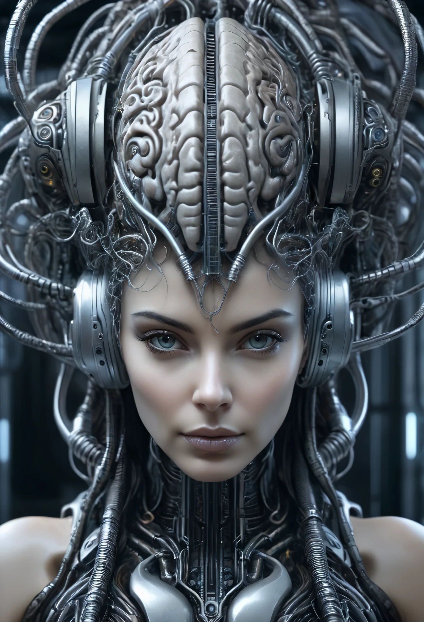 A woman's head with a brain connected with cable and computers, dreamlike, (Artstation:1.1), (intricate:1.1), (great eye detail:0.7), solo, female, looking at viewer, photorealistic, 8k, unreal engine, inspired by HR Giger, half body portrait, highly detailed,