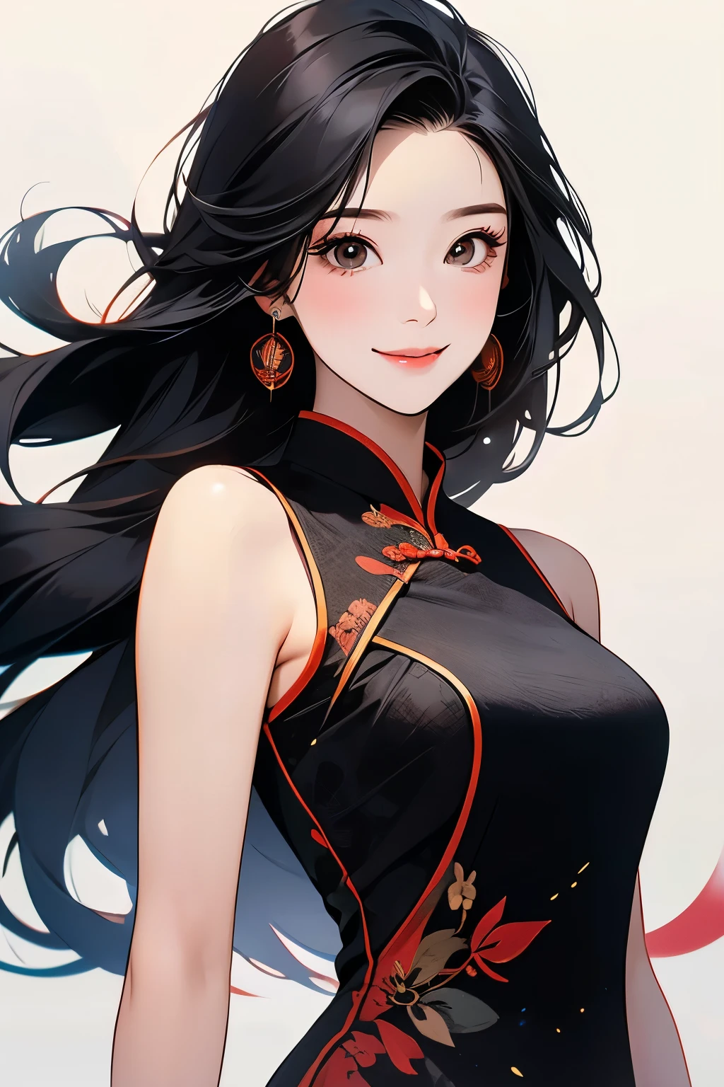 female，Black hair，Long hair，Chinese cheongsam，sleeveless，Show your shoulders，Smile，The color of the plane，Blank background