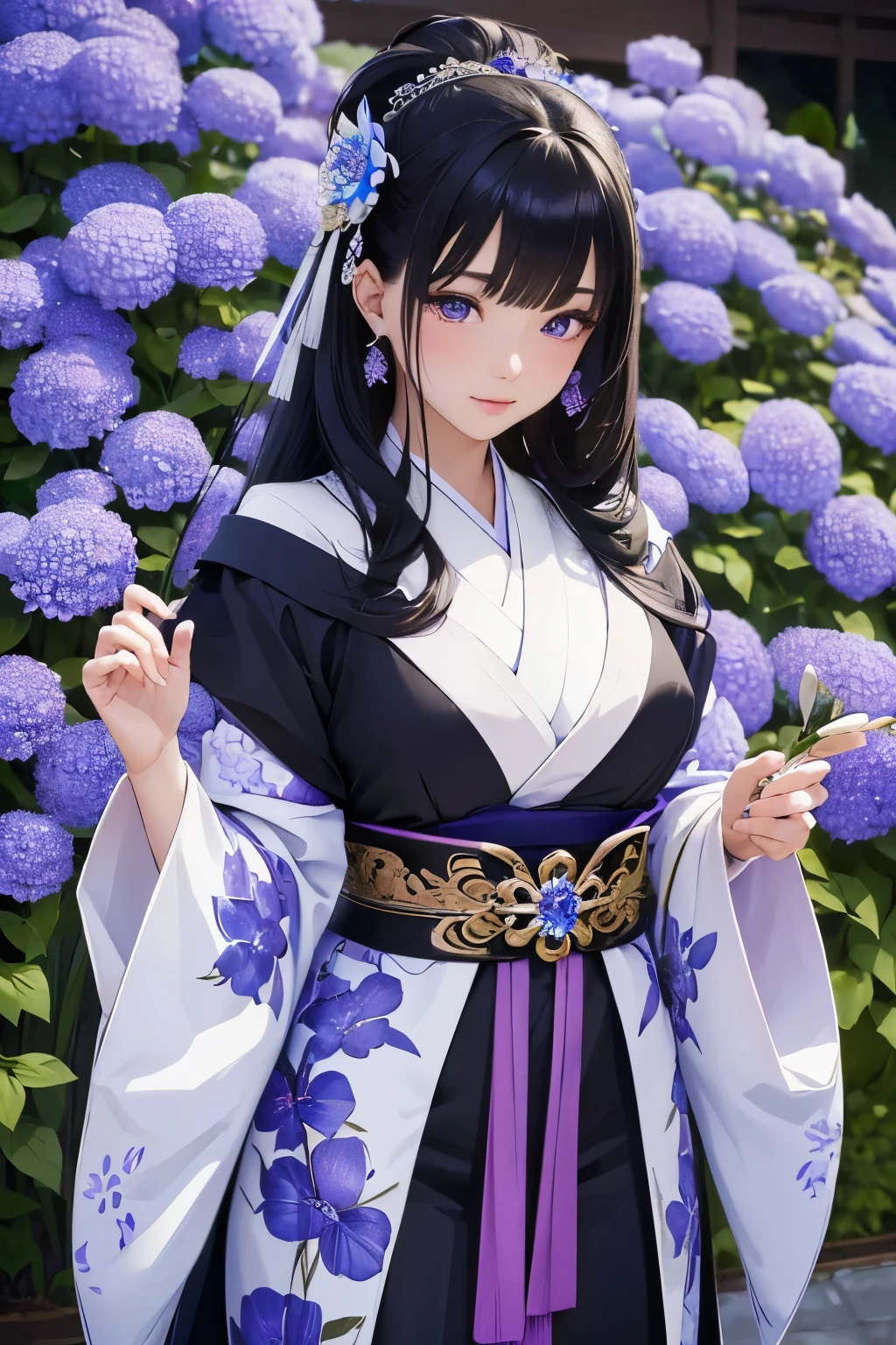 (best quality,4k,highres,masterpiece:1.2),ultra-detailed,(realistic:1.37),a princess from the Heian period, Japanese black hair,beautiful purple eyes,dancing,flower garden,blue Nemophila verydetail hands,